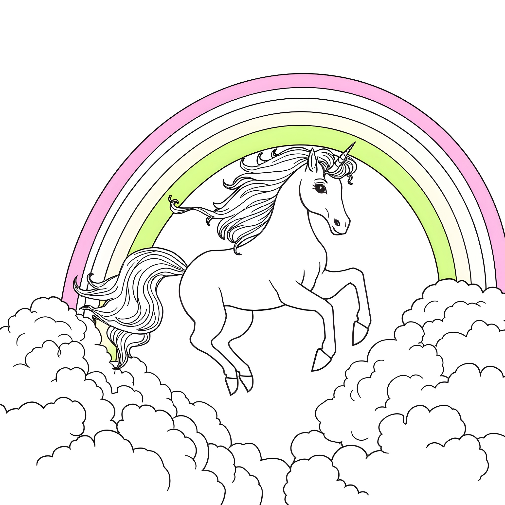 Unicorn leaping through colorful rainbow clouds Coloring Page (free black-and-white line drawing printable PDF for all, from beginners to advanced learners, including children, teens, adults, and seniors)