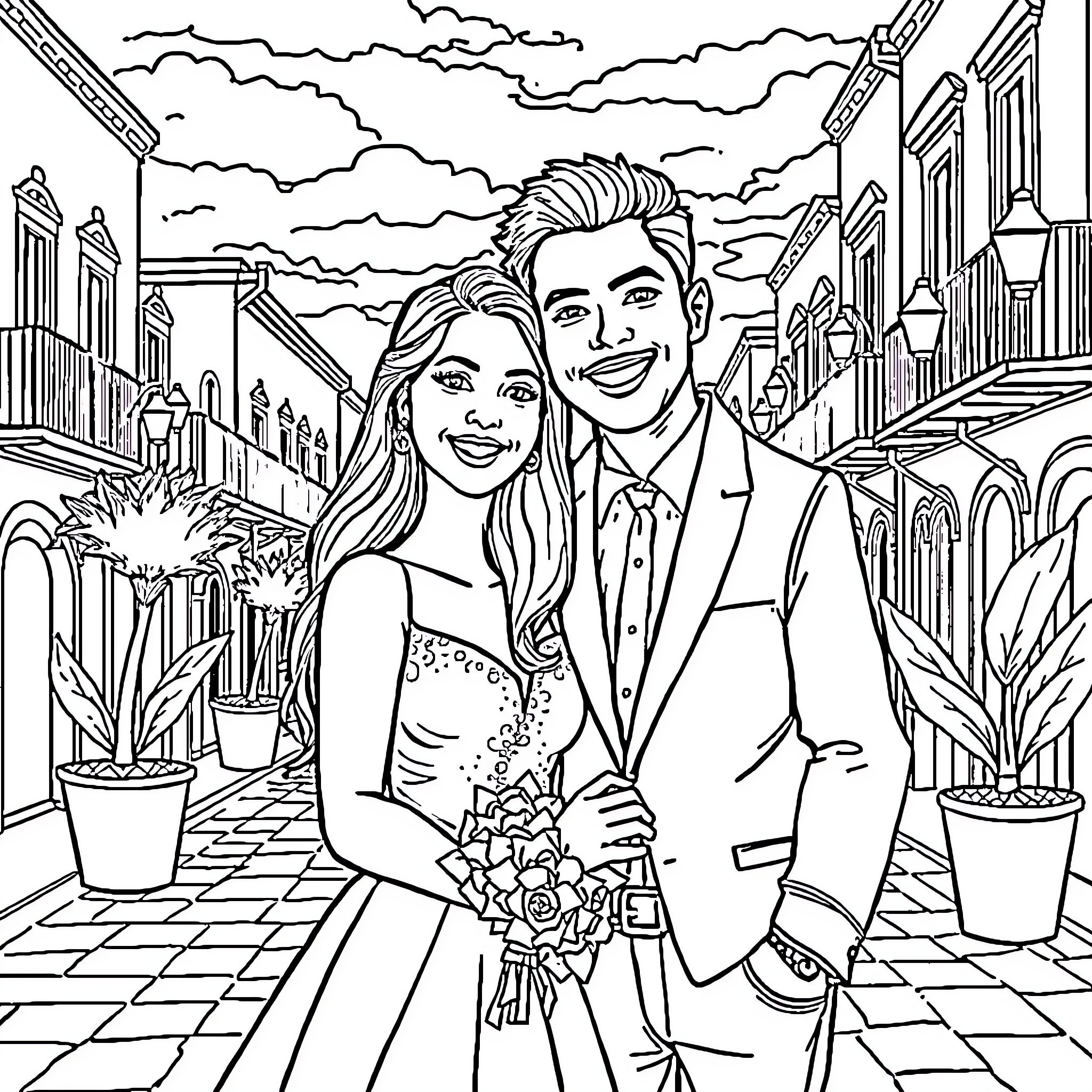 Chica and her partner in a romantic city scene Coloring Page (free black-and-white line drawing printable PDF for all, from beginners to advanced learners, including children, teens, adults, and seniors)