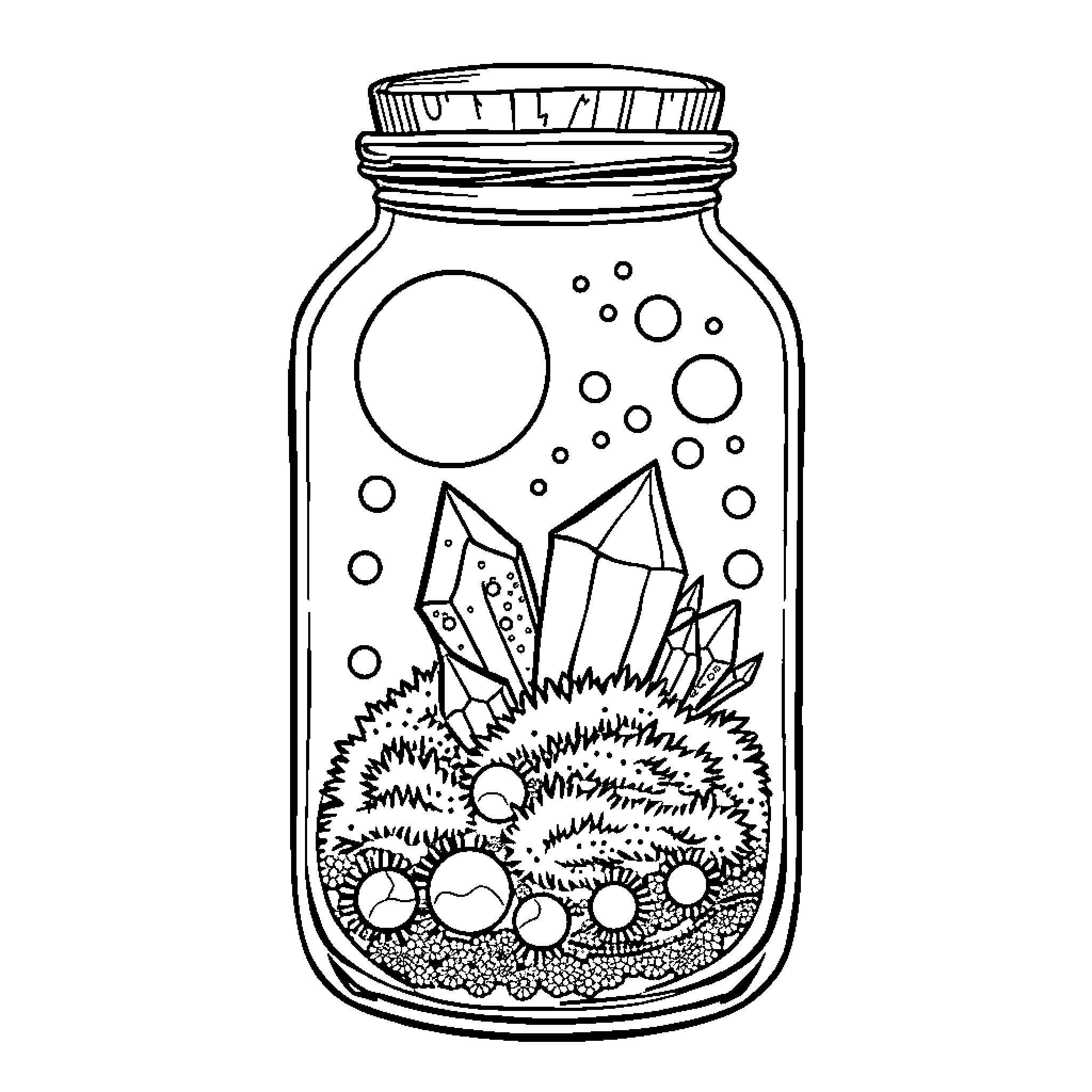 Crystal Jar filled with Whimsical Treasures Coloring Page (free black-and-white line drawing printable PDF for all, from beginners to advanced learners, including children, teens, adults, and seniors)