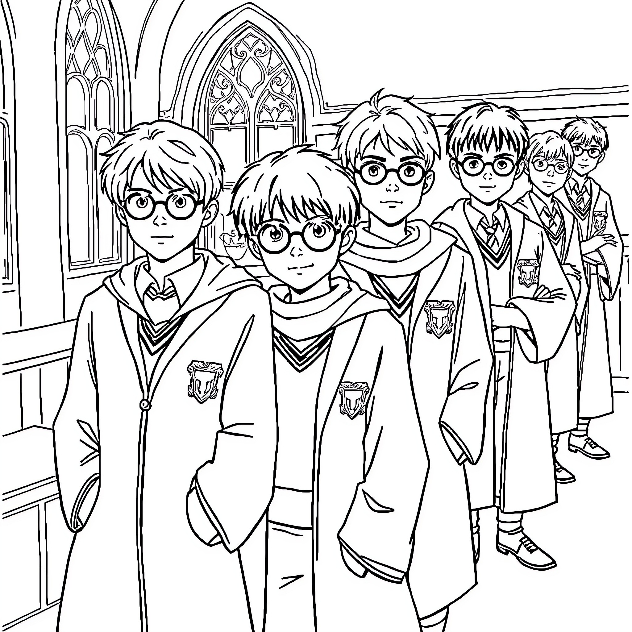Hogwarts Characters in Formal Wizarding Robes Coloring Page (free black-and-white line drawing printable PDF for all, from beginners to advanced learners, including children, teens, adults, and seniors)