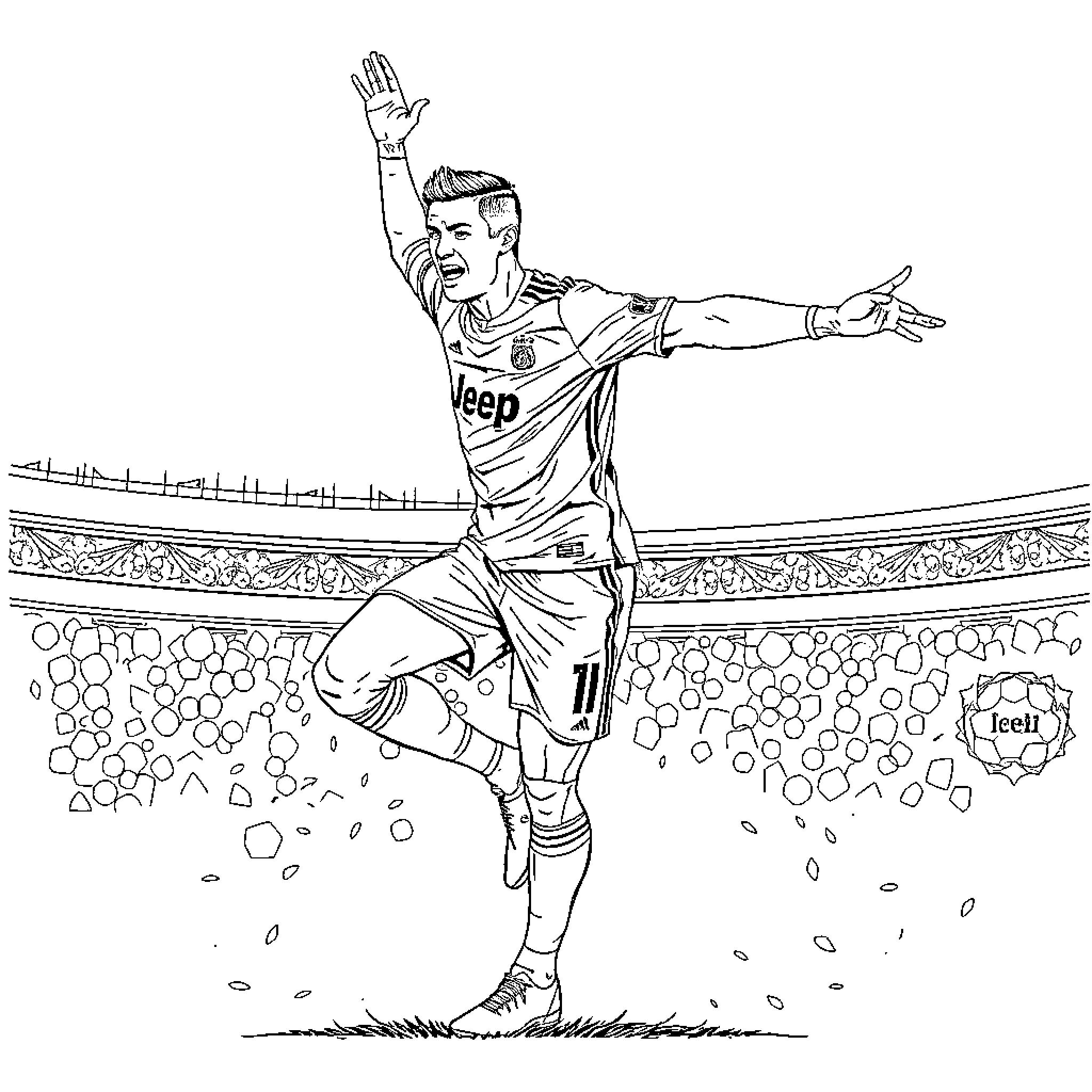 Cristiano Ronaldo celebrating after scoring a goal Coloring Page (free black-and-white line drawing printable PDF for all, from beginners to advanced learners, including children, teens, adults, and seniors)
