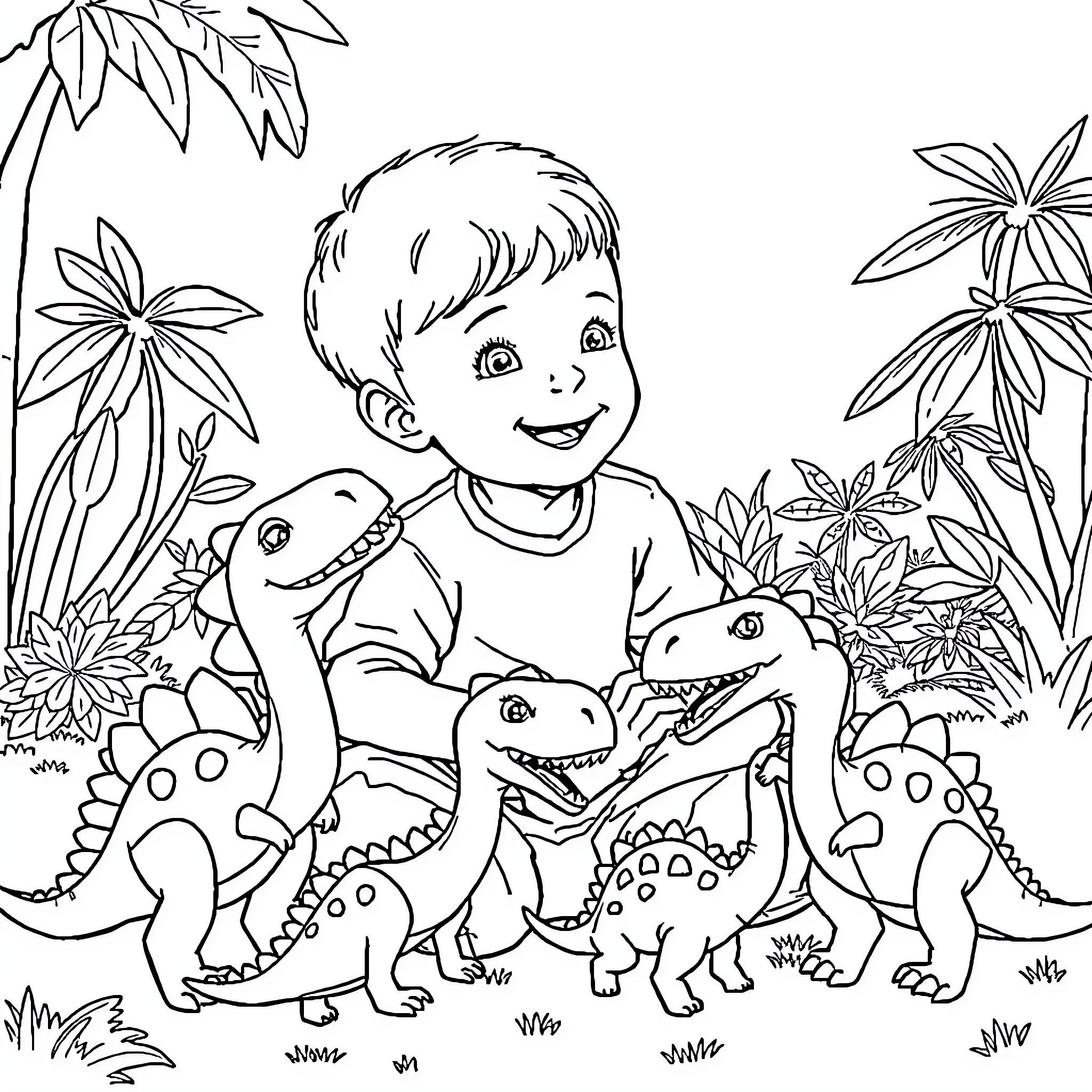 Theodore and His Dinosaur Friends in the Jungle Coloring Page (free black-and-white line drawing printable PDF for all, from beginners to advanced learners, including children, teens, adults, and seniors)