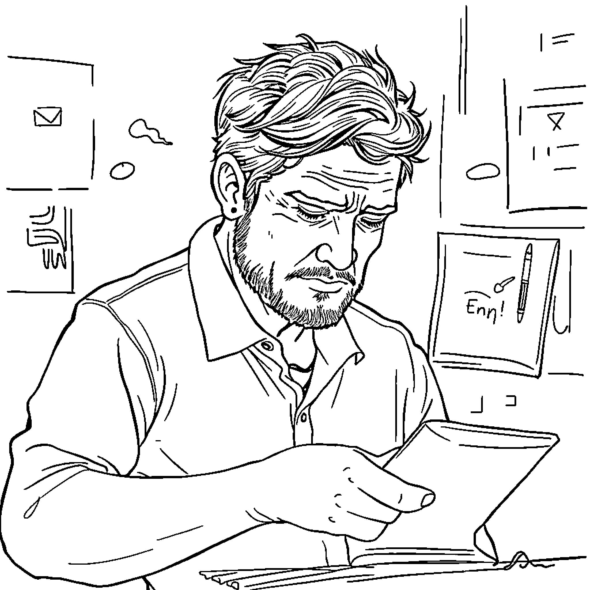 Chileno businessman focused on paperwork in his office Coloring Page (free black-and-white line drawing printable PDF for all, from beginners to advanced learners, including children, teens, adults, and seniors)