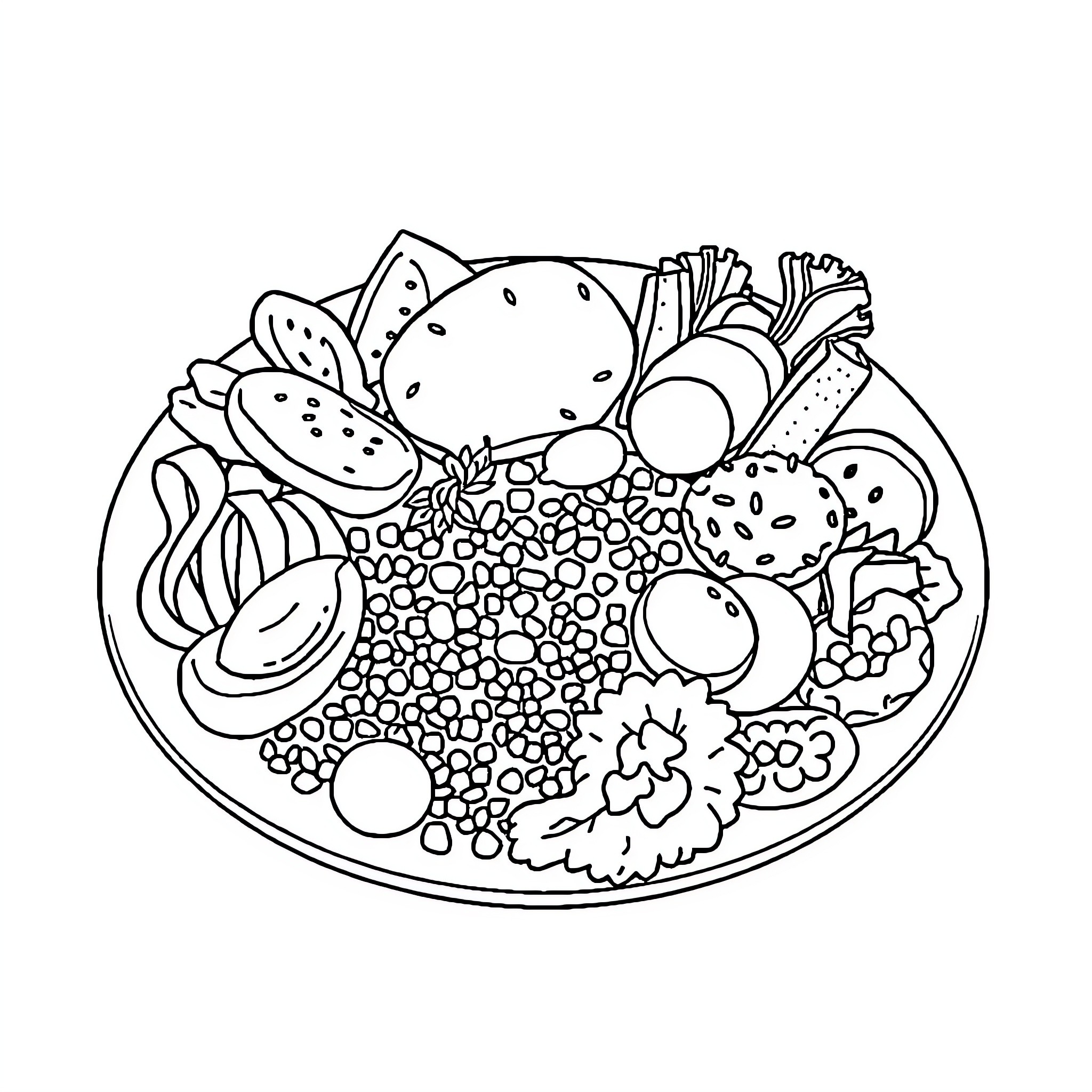Food filled with delicious ingredients on a plate Coloring Page (free black-and-white line drawing printable PDF for all, from beginners to advanced learners, including children, teens, adults, and seniors)