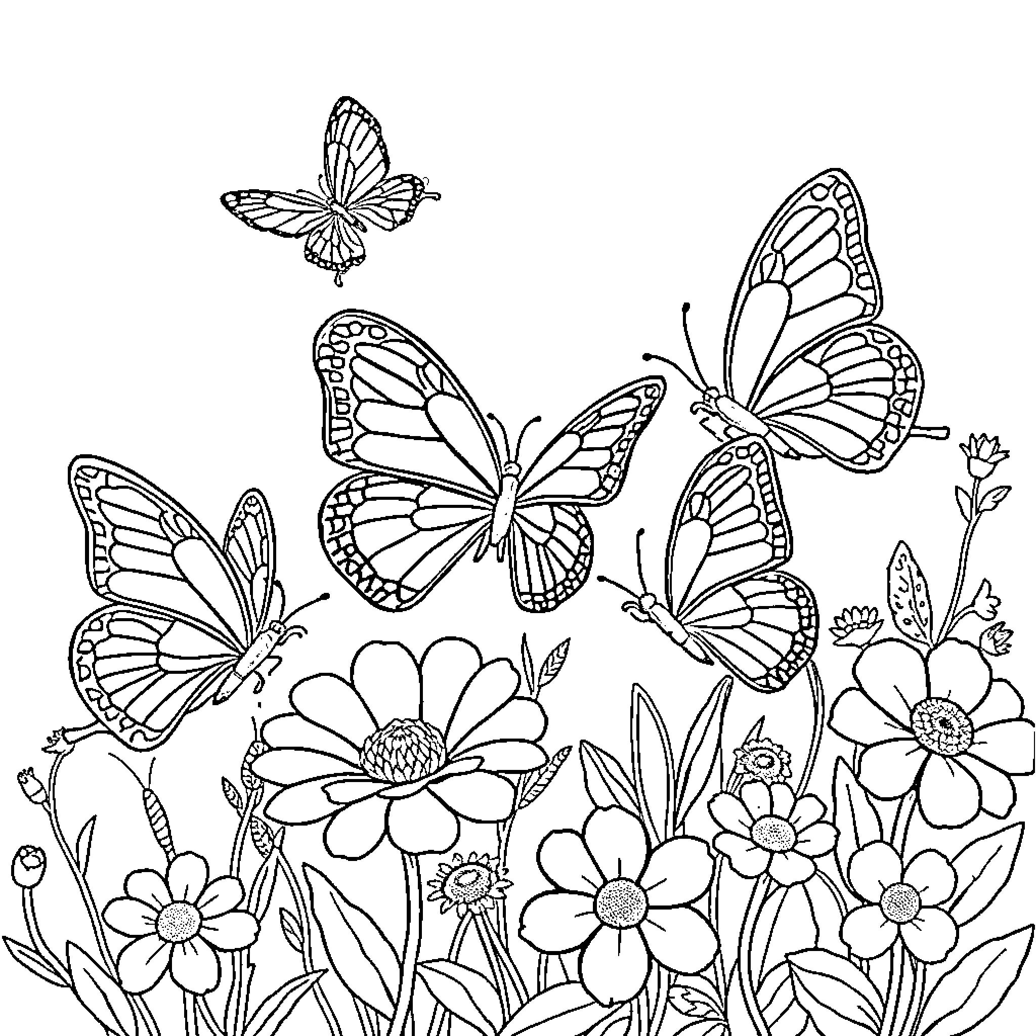 Butterfly Dance Among Flowers Coloring Page (free black-and-white line drawing printable PDF for all, from beginners to advanced learners, including children, teens, adults, and seniors)