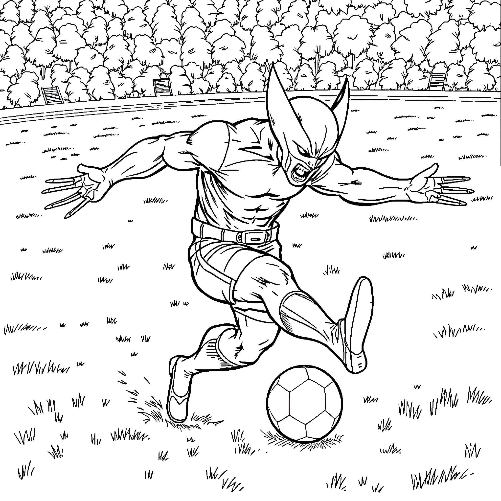 Wolverine dribbling a soccer ball in a grassy field Coloring Page (free black-and-white line drawing printable PDF for all, from beginners to advanced learners, including children, teens, adults, and seniors)
