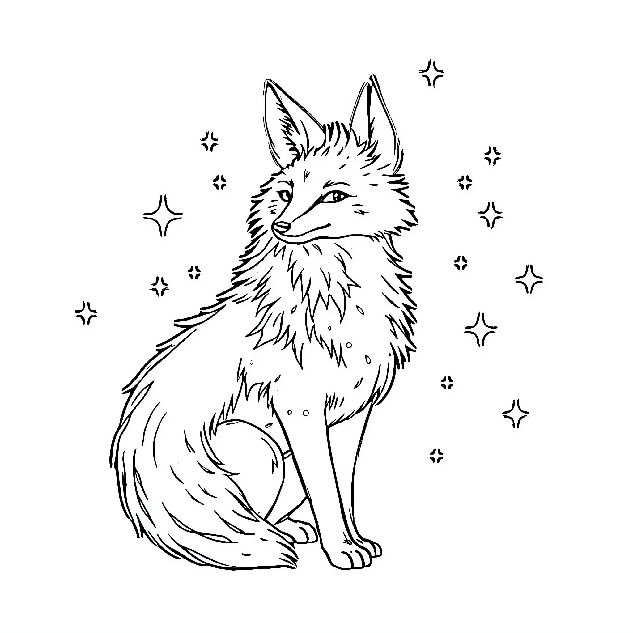 Fox gazing amidst twinkling stars Coloring Page (free black-and-white line drawing printable PDF for all, from beginners to advanced learners, including children, teens, adults, and seniors)