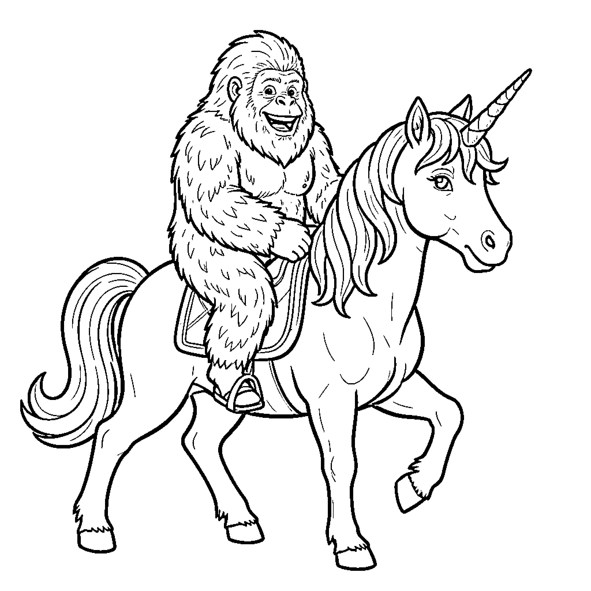 Sasquatch riding a unicorn in the wild Coloring Page (free black-and-white line drawing printable PDF for all, from beginners to advanced learners, including children, teens, adults, and seniors)