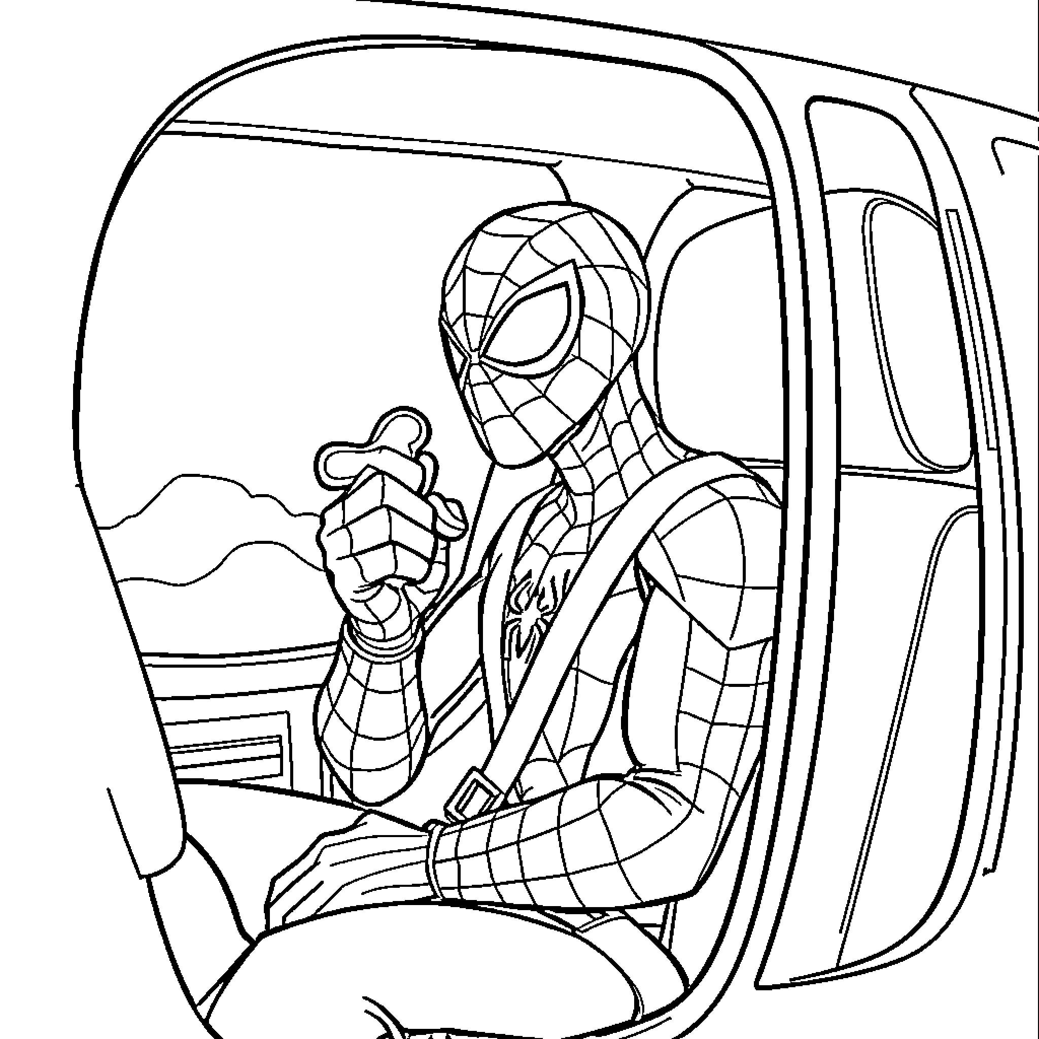 Spiderman swinging through the city in his signature pose Coloring Page (free black-and-white line drawing printable PDF for all, from beginners to advanced learners, including children, teens, adults, and seniors)