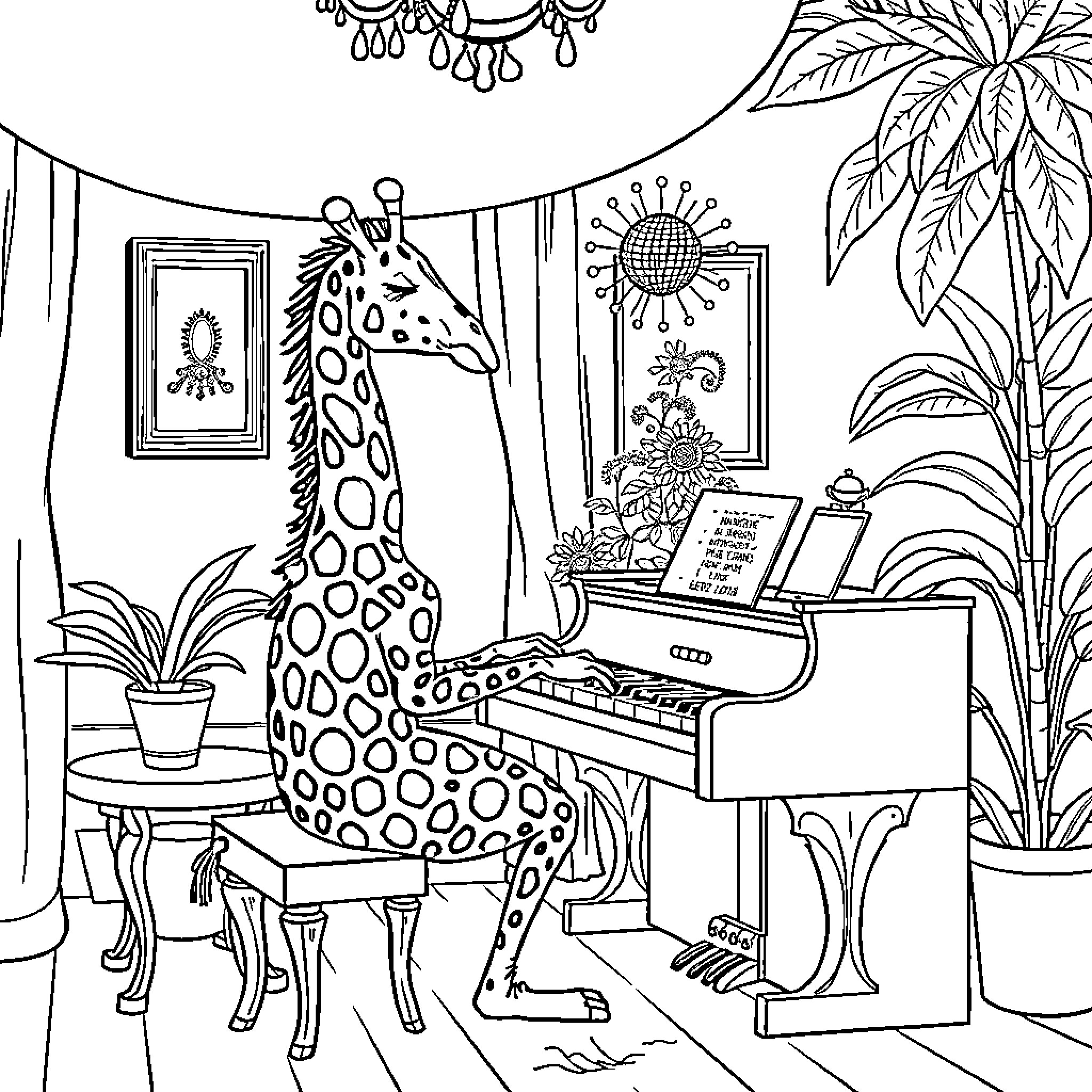 Sunflower Giraffe Playing Music in the Room Coloring Page (free black-and-white line drawing printable PDF for all, from beginners to advanced learners, including children, teens, adults, and seniors)