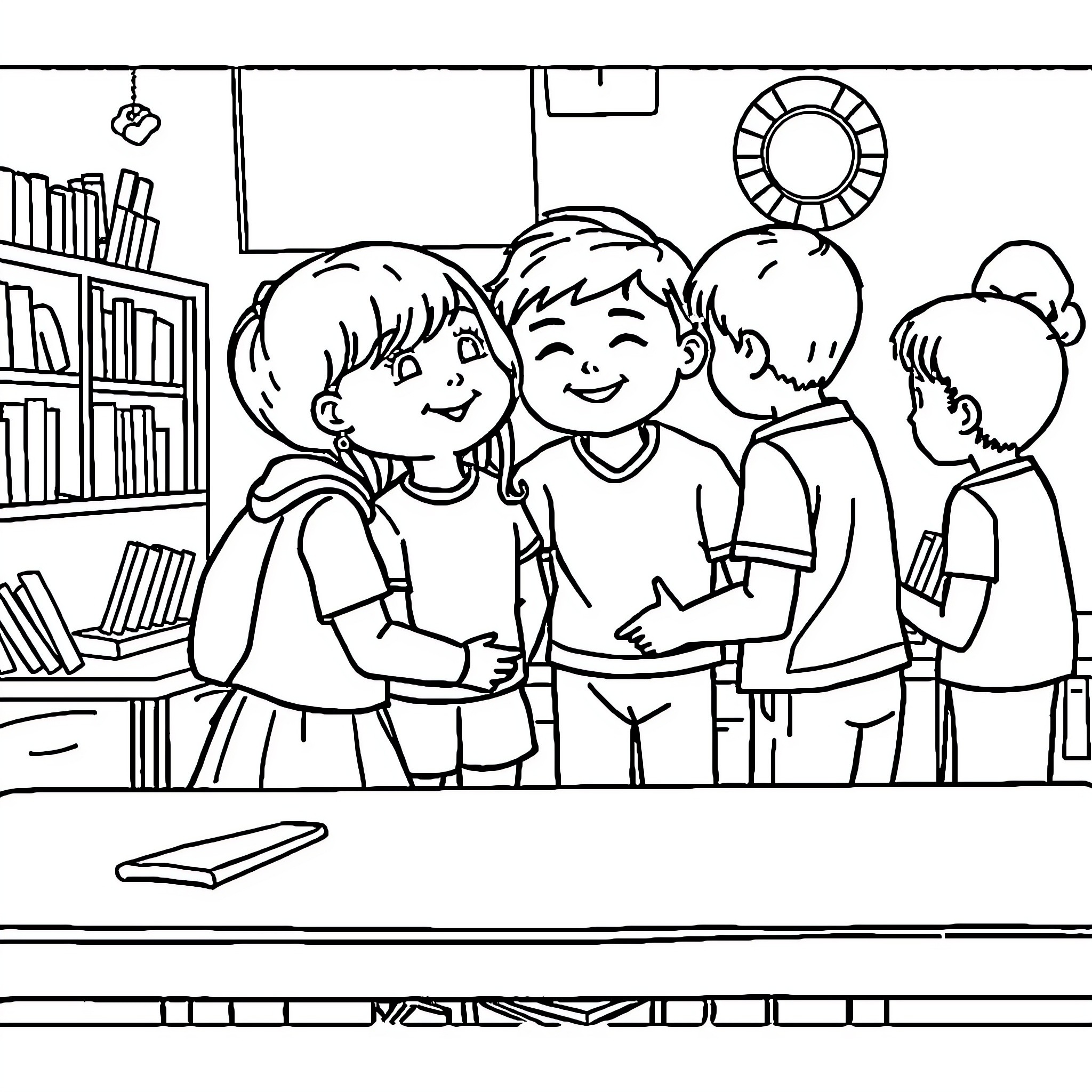 Kindness in the Classroom: Students Helping Each Other Coloring Page (free black-and-white line drawing printable PDF for all, from beginners to advanced learners, including children, teens, adults, and seniors)