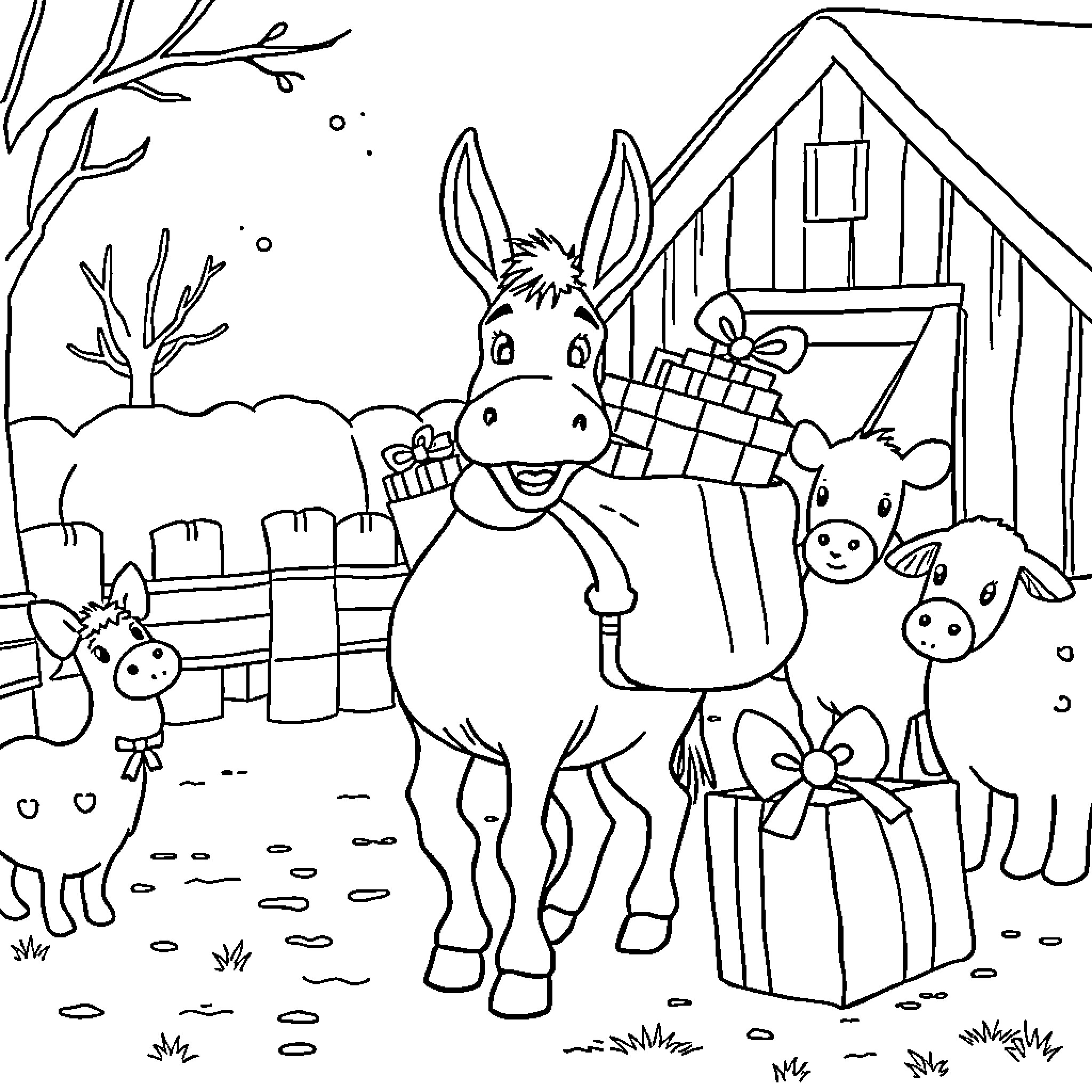 Donkey carrying gifts on a snowy farm Coloring Page (free black-and-white line drawing printable PDF for all, from beginners to advanced learners, including children, teens, adults, and seniors)