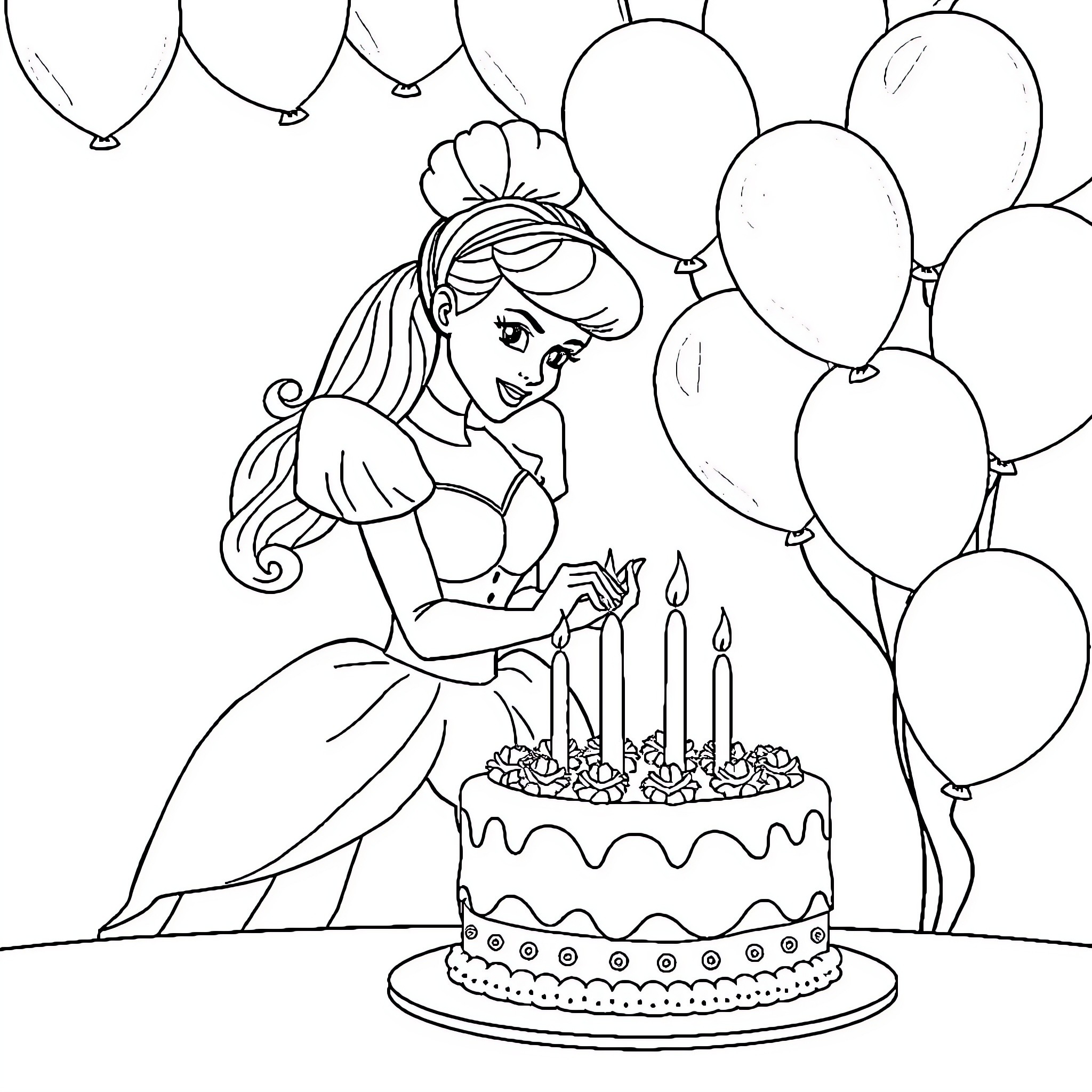 Cinderella celebrates her birthday with a cake and balloons Coloring Page (free black-and-white line drawing printable PDF for all, from beginners to advanced learners, including children, teens, adults, and seniors)