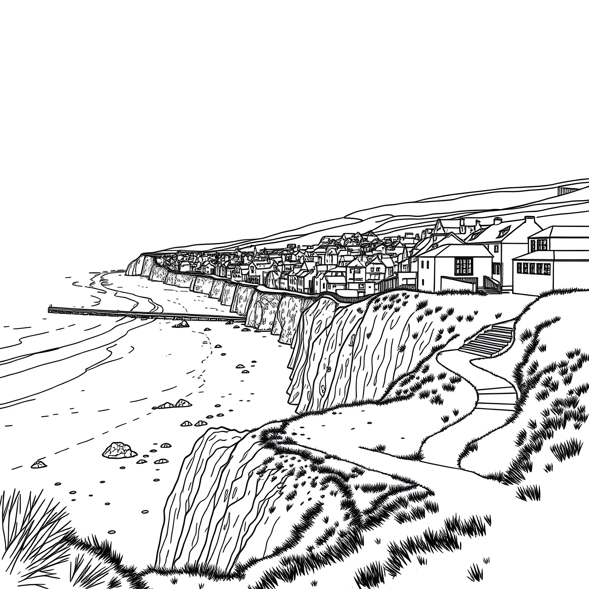 Bude cliffside village overlooking the shore Coloring Page (free black-and-white line drawing printable PDF for all, from beginners to advanced learners, including children, teens, adults, and seniors)