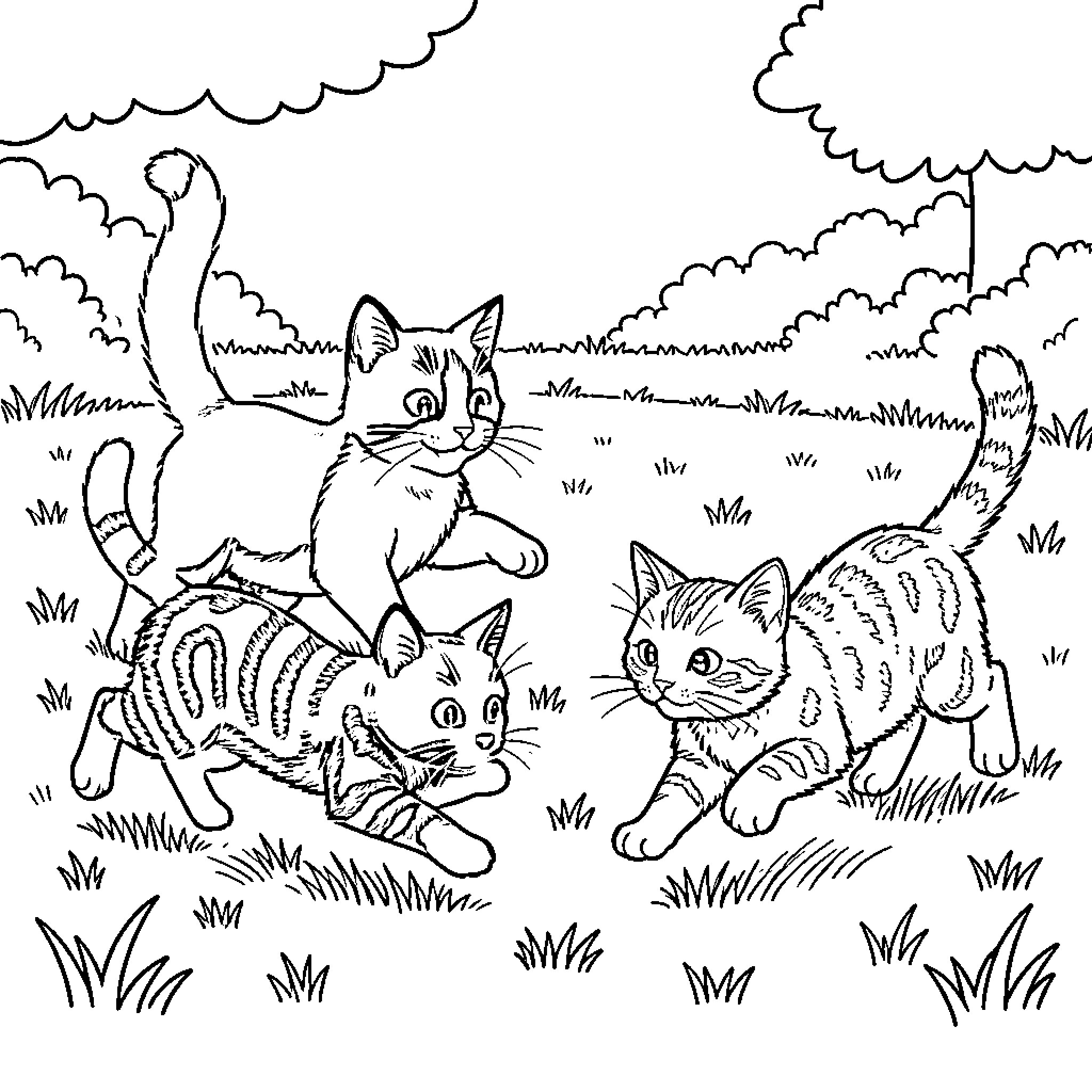 Gato playing in the grass with friends Coloring Page (free black-and-white line drawing printable PDF for all, from beginners to advanced learners, including children, teens, adults, and seniors)