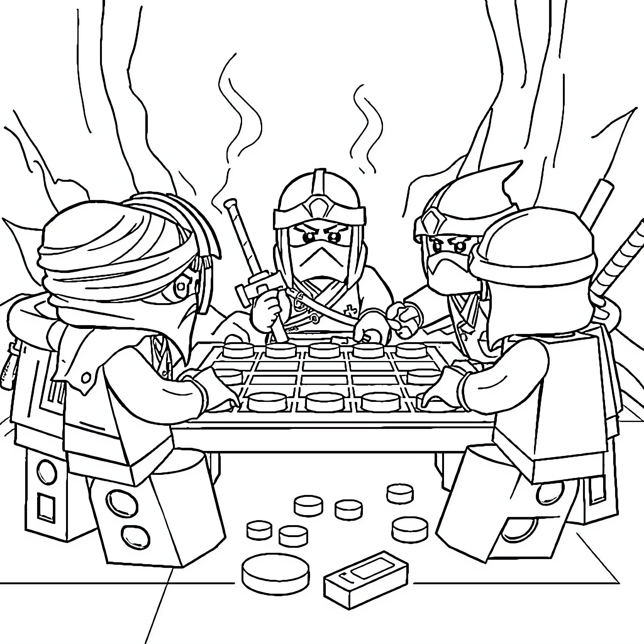 Ninjago warriors in intense battle strategy Coloring Page (free black-and-white line drawing printable PDF for all, from beginners to advanced learners, including children, teens, adults, and seniors)