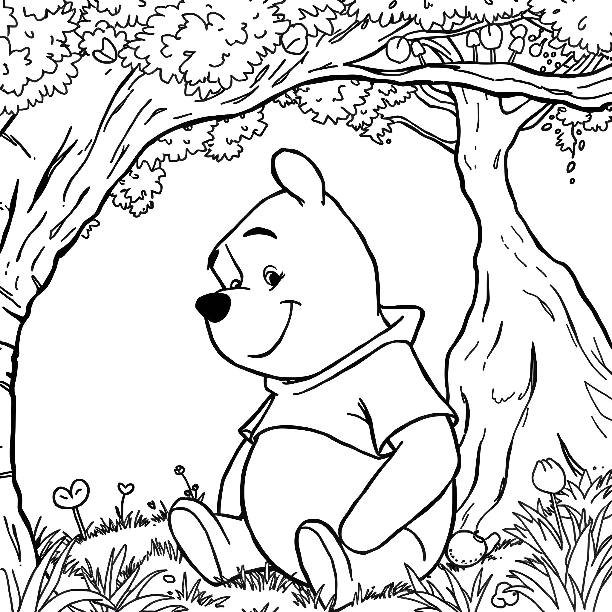 Winnie The Pooh exploring the forest Coloring Page (free black-and-white line drawing printable PDF for all, from beginners to advanced learners, including children, teens, adults, and seniors)