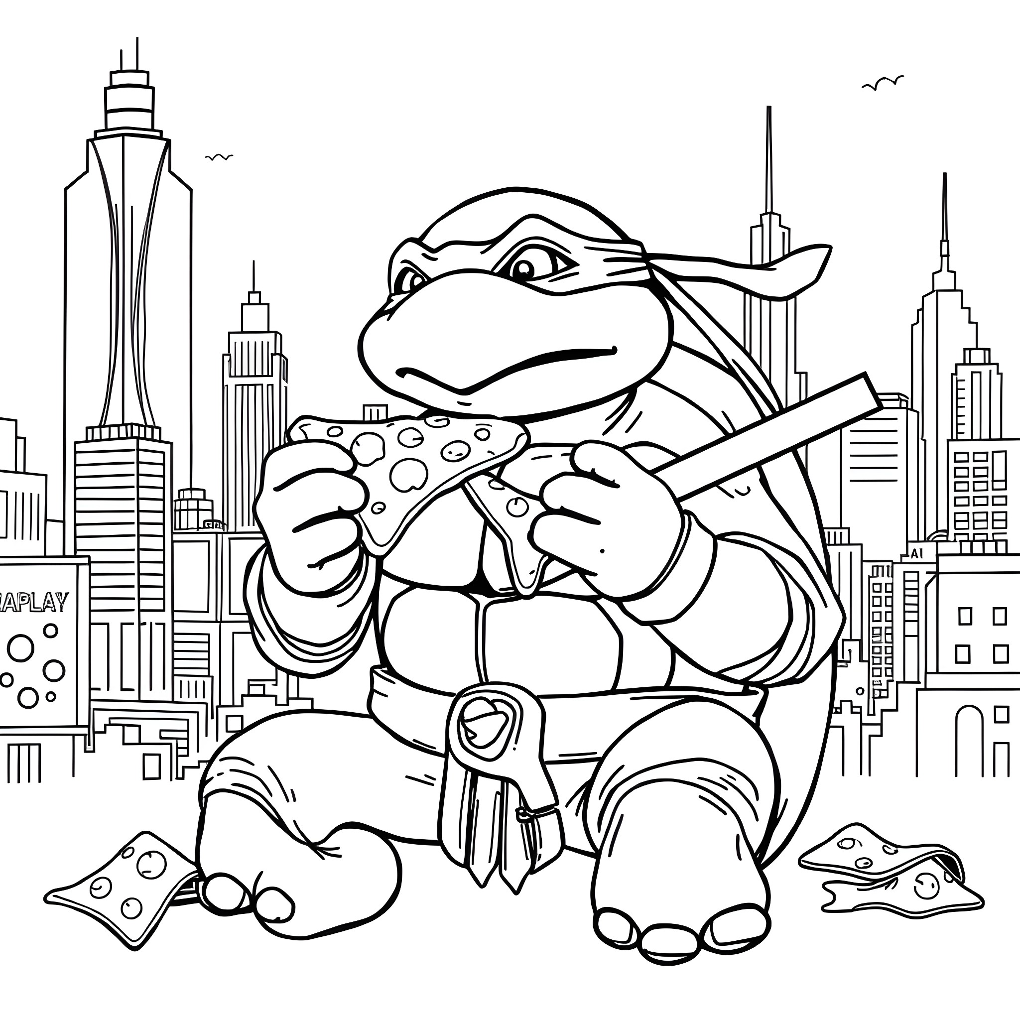 Ninja Turtle playing video games in the city Coloring Page (free black-and-white line drawing printable PDF for all, from beginners to advanced learners, including children, teens, adults, and seniors)