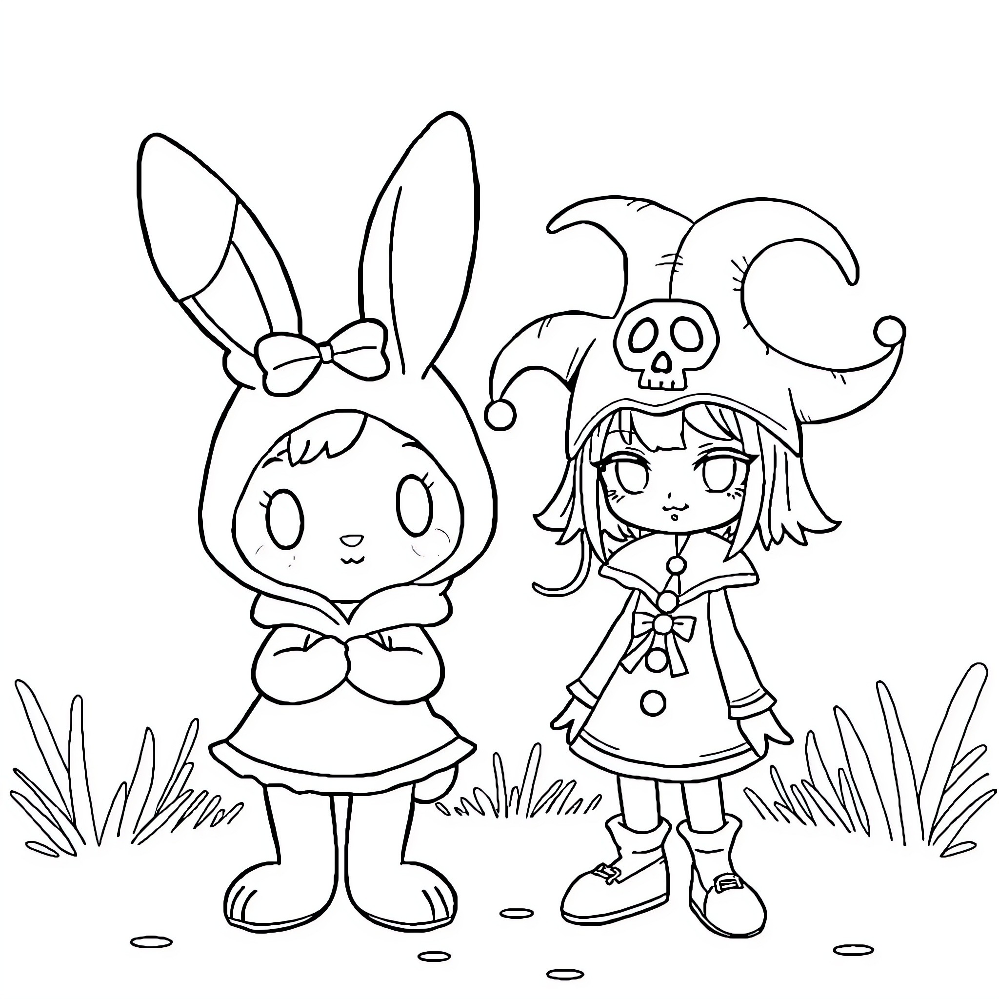 My Melody - Cute Bunny and Jester Girl Coloring Page (free black-and-white line drawing printable PDF for all, from beginners to advanced learners, including children, teens, adults, and seniors)