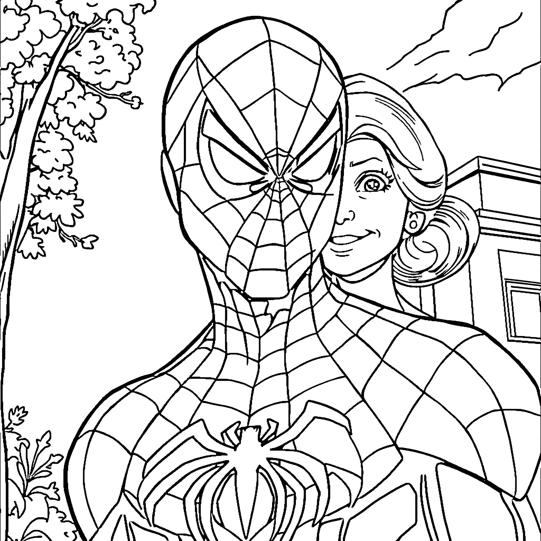 Spiderman web-swinging through the city Coloring Page (free black-and-white line drawing printable PDF for all, from beginners to advanced learners, including children, teens, adults, and seniors)