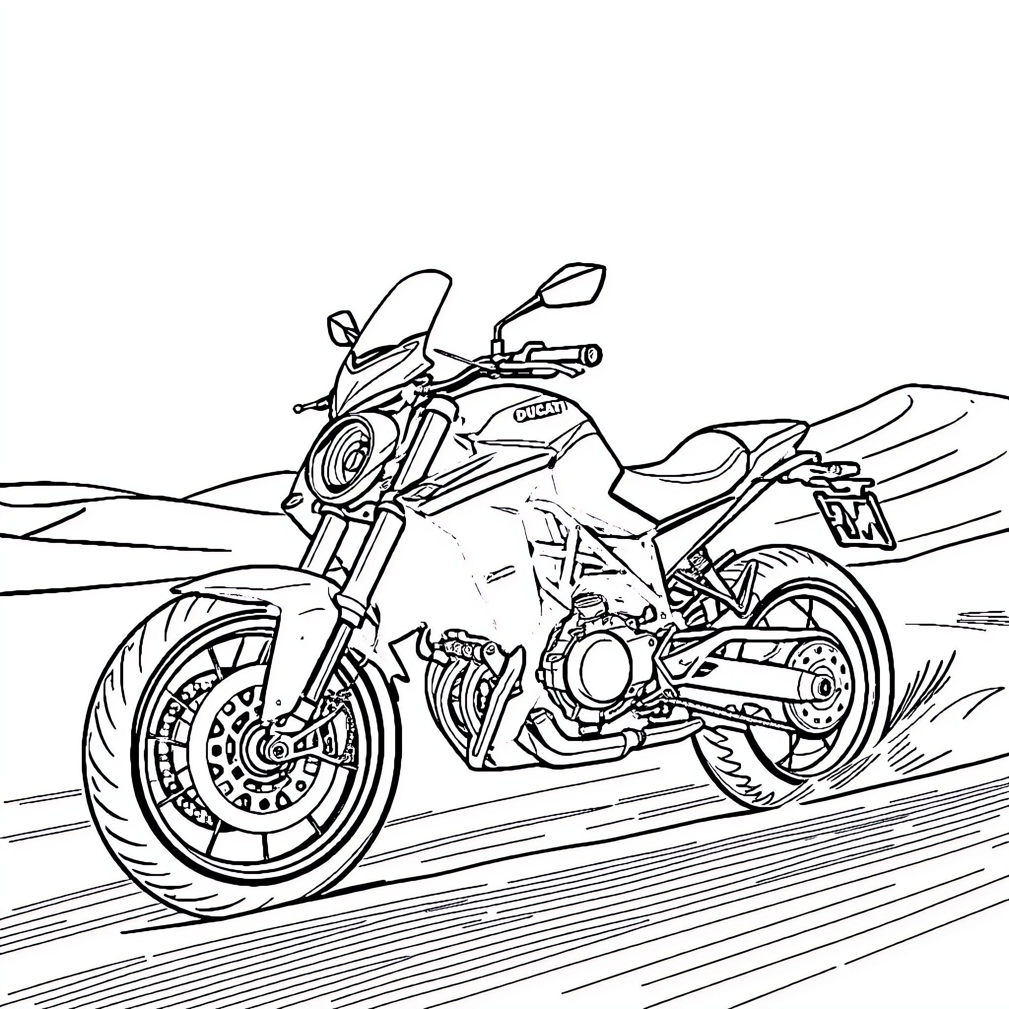 Ducati motorcycle racing in the mountains Coloring Page (free black-and-white line drawing printable PDF for all, from beginners to advanced learners, including children, teens, adults, and seniors)