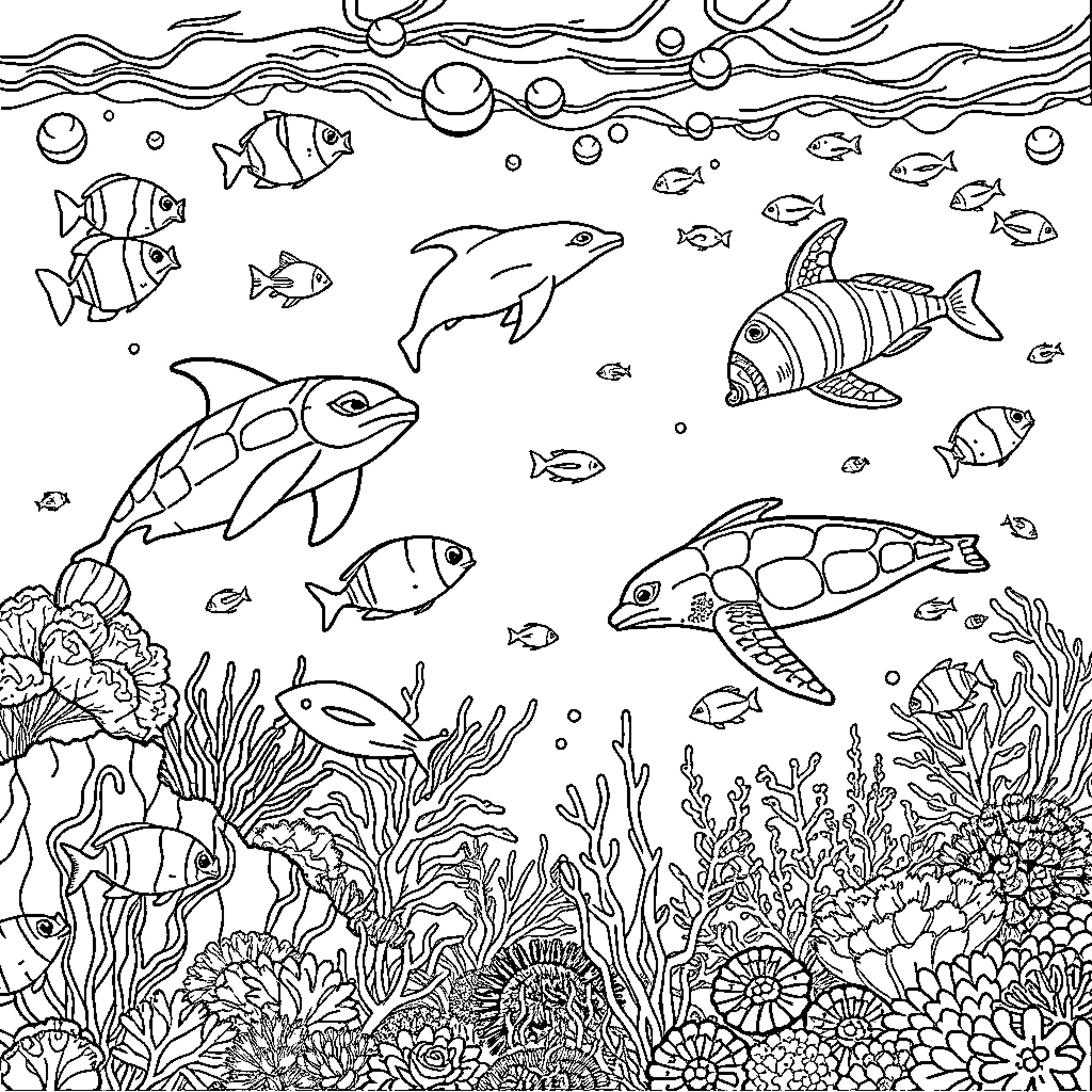 Ocean Animal Underwater Scene with Marine Life Coloring Page (free black-and-white line drawing printable PDF for all, from beginners to advanced learners, including children, teens, adults, and seniors)