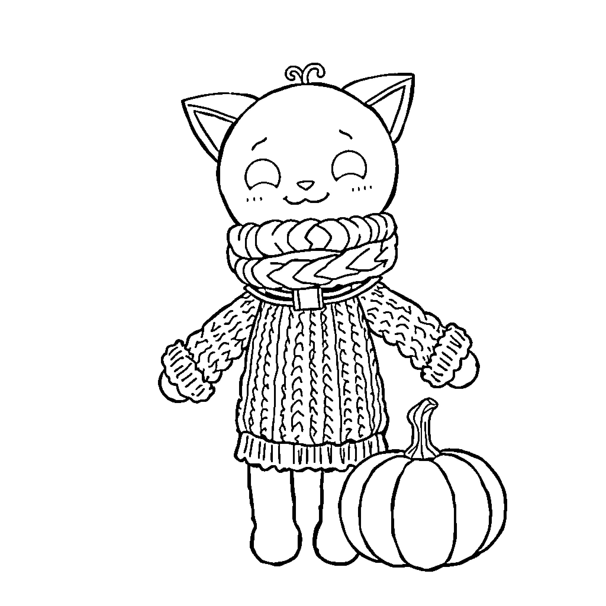 Voodoo Doll of a Cozy Feline Friend Coloring Page (free black-and-white line drawing printable PDF for all, from beginners to advanced learners, including children, teens, adults, and seniors)