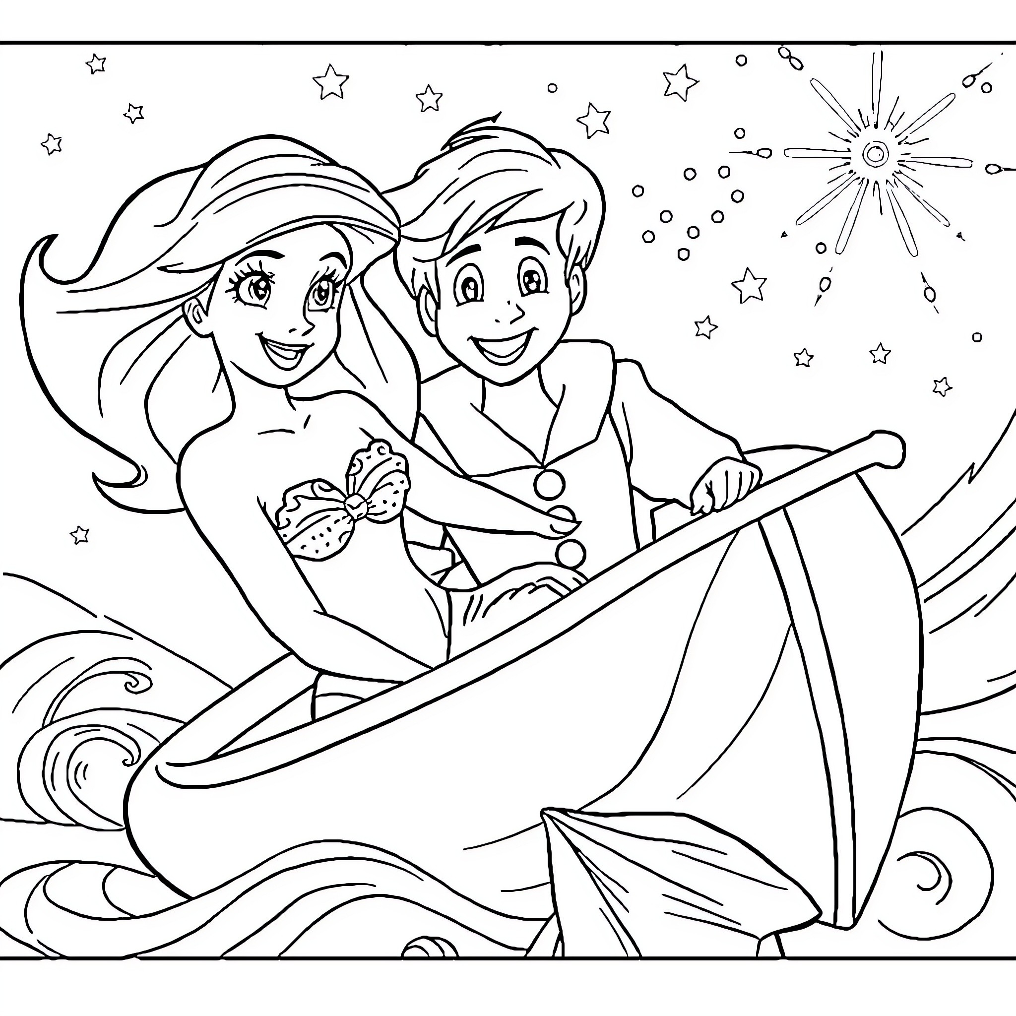 Ariel and Prince Eric sailing on a magical night Coloring Page (free black-and-white line drawing printable PDF for all, from beginners to advanced learners, including children, teens, adults, and seniors)