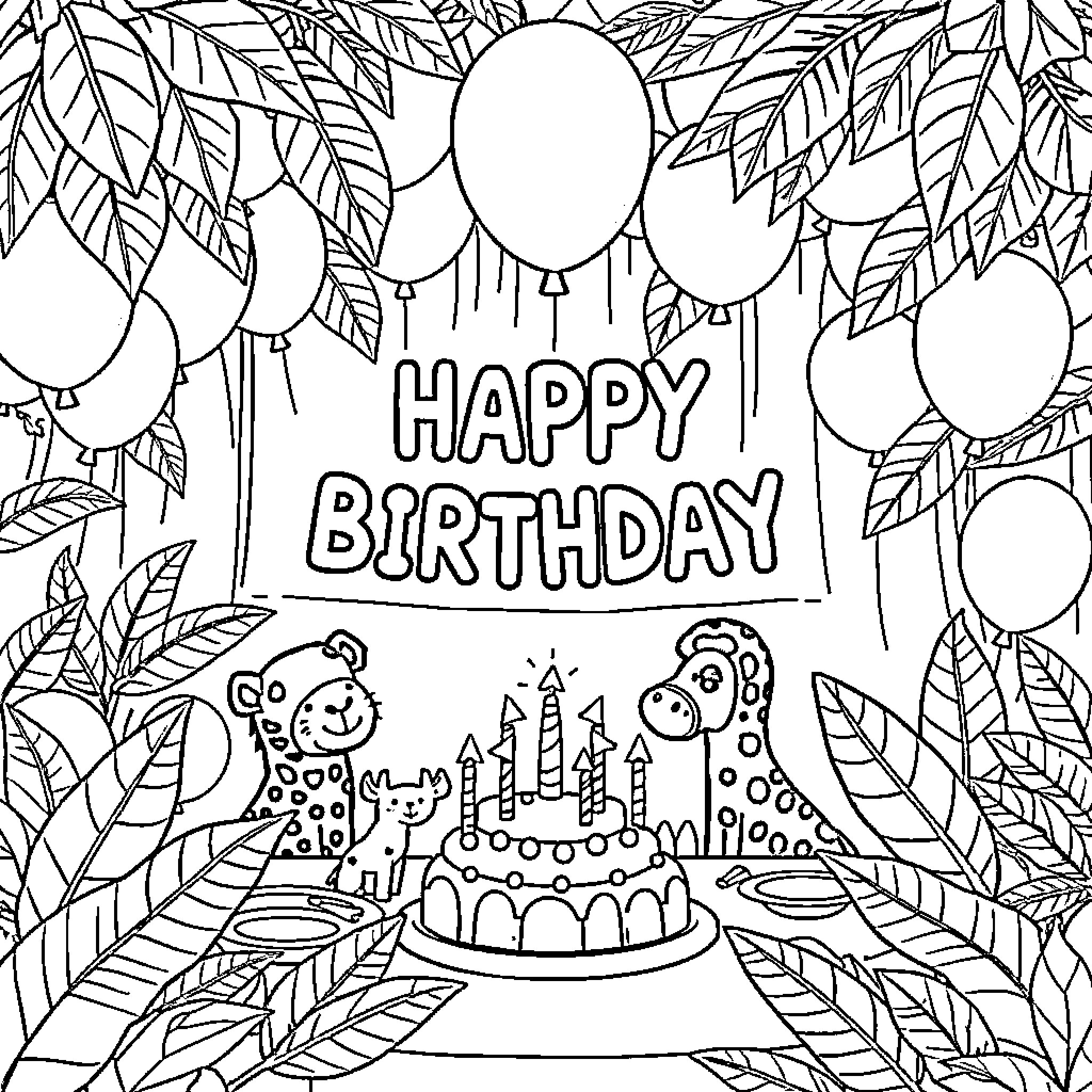 Jungle Birthday Celebration with Balloons and Cake Coloring Page (free black-and-white line drawing printable PDF for all, from beginners to advanced learners, including children, teens, adults, and seniors)