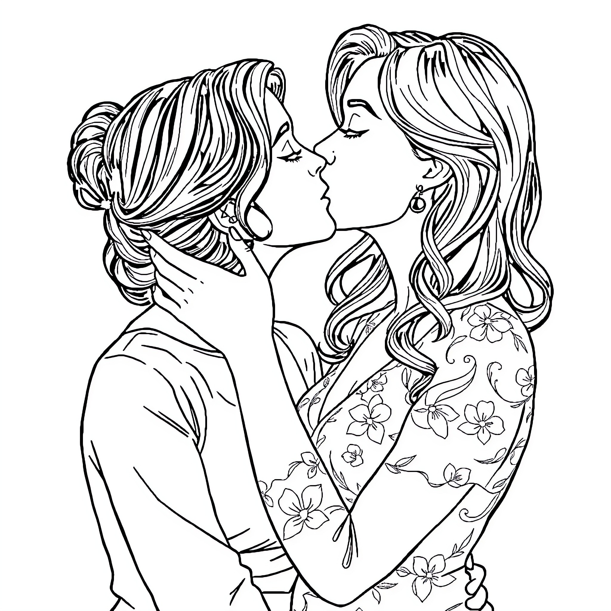 Lady Affectionately Embracing Another Lady Coloring Page (free black-and-white line drawing printable PDF for all, from beginners to advanced learners, including children, teens, adults, and seniors)
