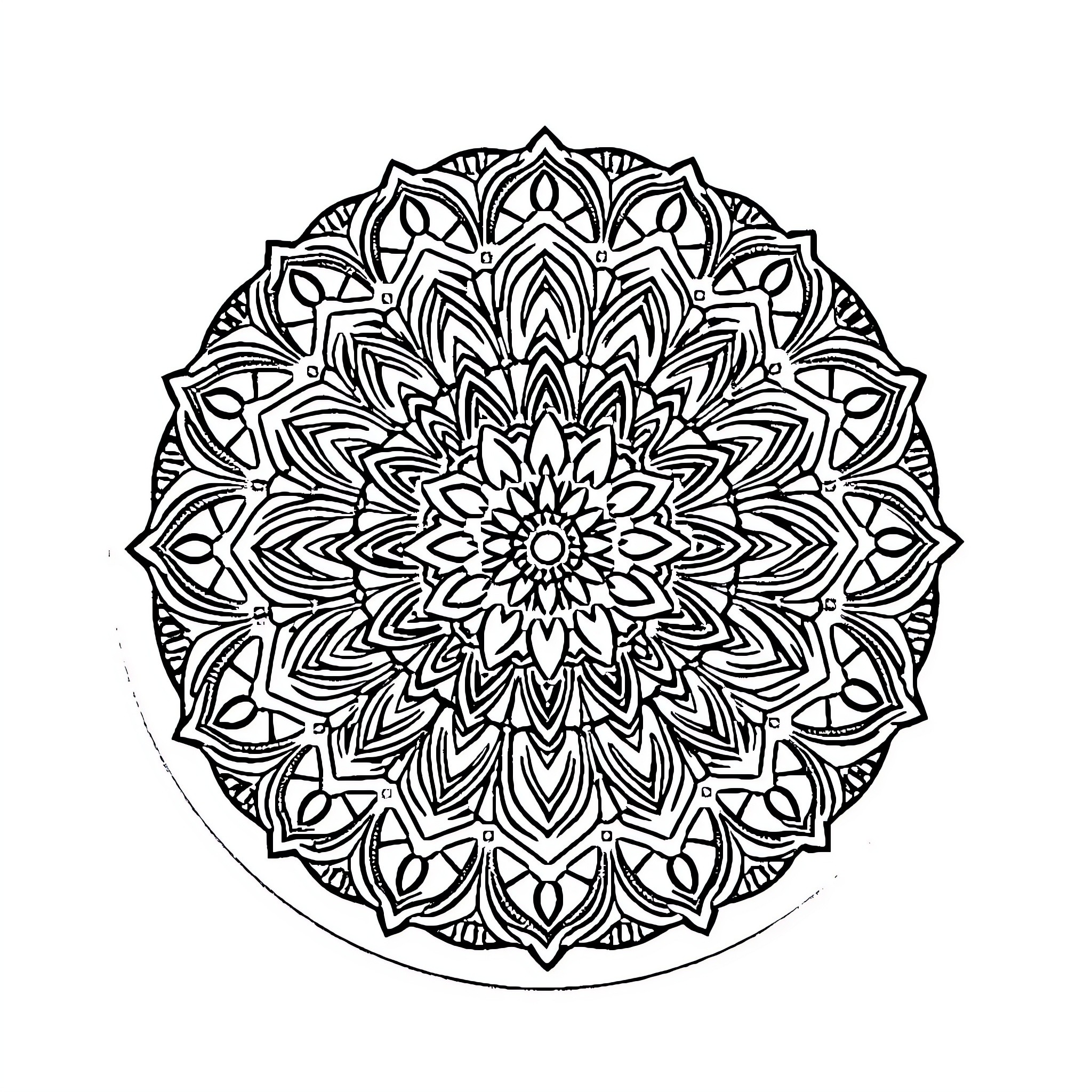 Mandala with intricate floral patterns Coloring Page (free black-and-white line drawing printable PDF for all, from beginners to advanced learners, including children, teens, adults, and seniors)