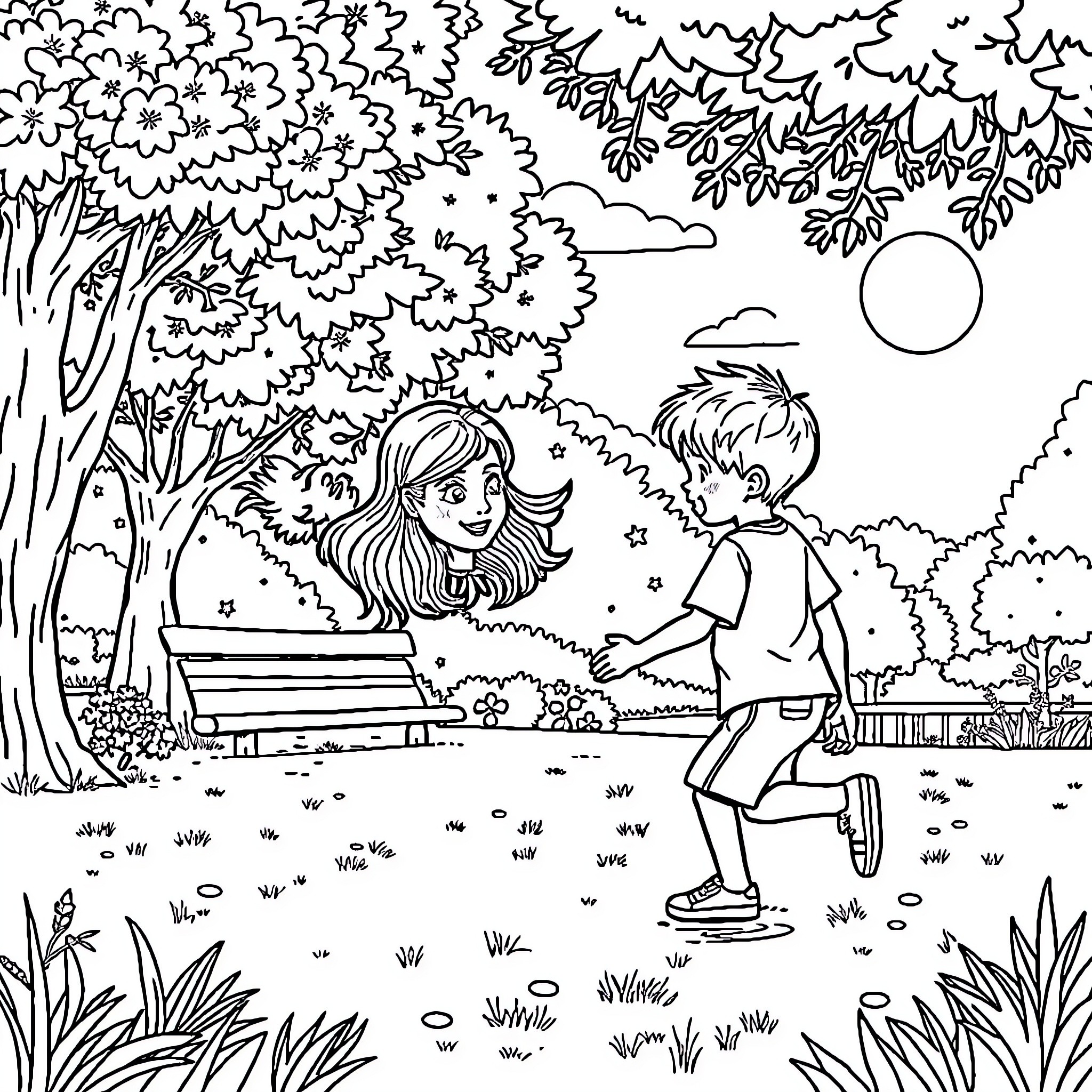 Girl and Boy Playing in the Park Coloring Page (free black-and-white line drawing printable PDF for all, from beginners to advanced learners, including children, teens, adults, and seniors)