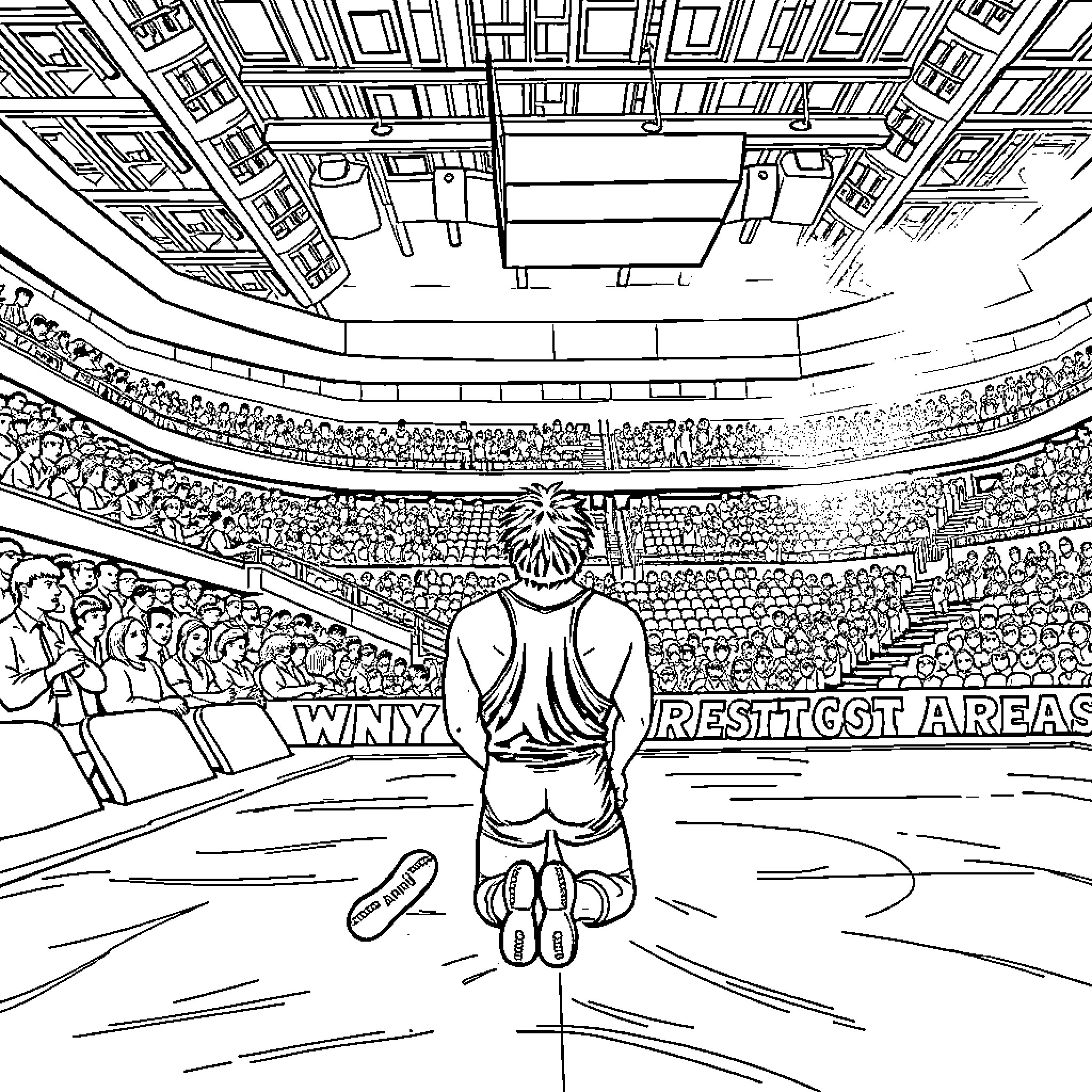 Wrestler in an intense competition in a packed arena Coloring Page (free black-and-white line drawing printable PDF for all, from beginners to advanced learners, including children, teens, adults, and seniors)