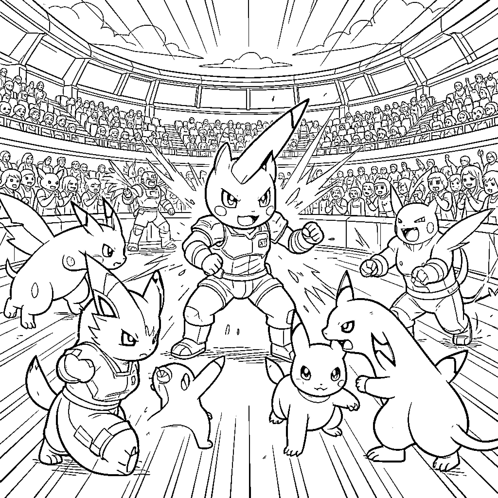 Pokémon battling intensely inside a crowded stadium Coloring Page (free black-and-white line drawing printable PDF for all, from beginners to advanced learners, including children, teens, adults, and seniors)