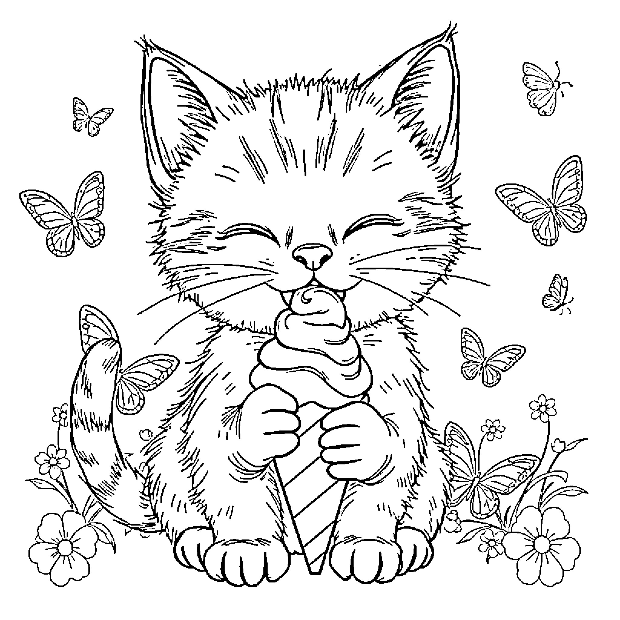 Kitty playing with butterflies in the garden Coloring Page (free black-and-white line drawing printable PDF for all, from beginners to advanced learners, including children, teens, adults, and seniors)