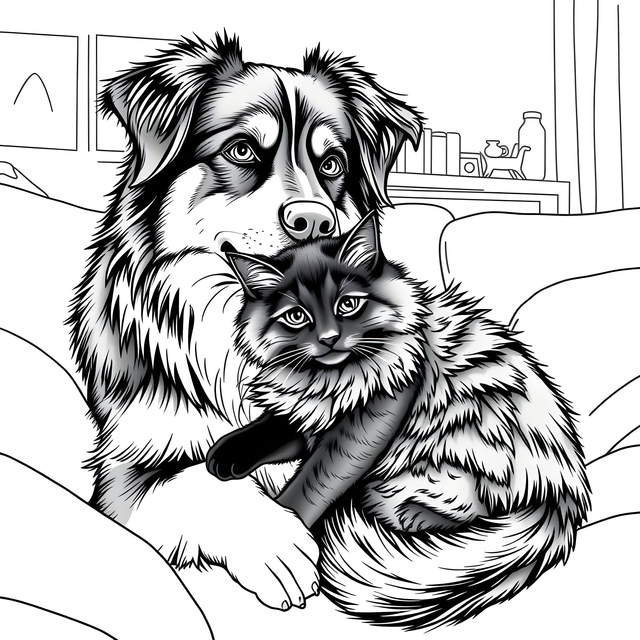 Australian Shepherd and Cat Snuggling Together Coloring Page (free black-and-white line drawing printable PDF for all, from beginners to advanced learners, including children, teens, adults, and seniors)
