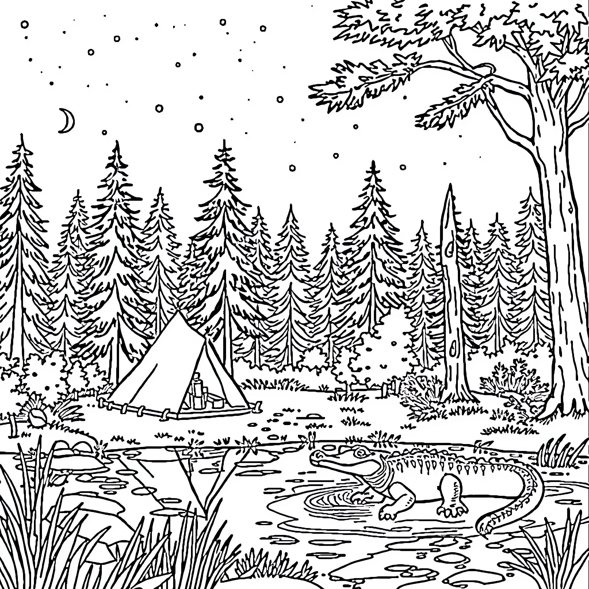 Gator camping in serene forest with lake Coloring Page (free black-and-white line drawing printable PDF for all, from beginners to advanced learners, including children, teens, adults, and seniors)