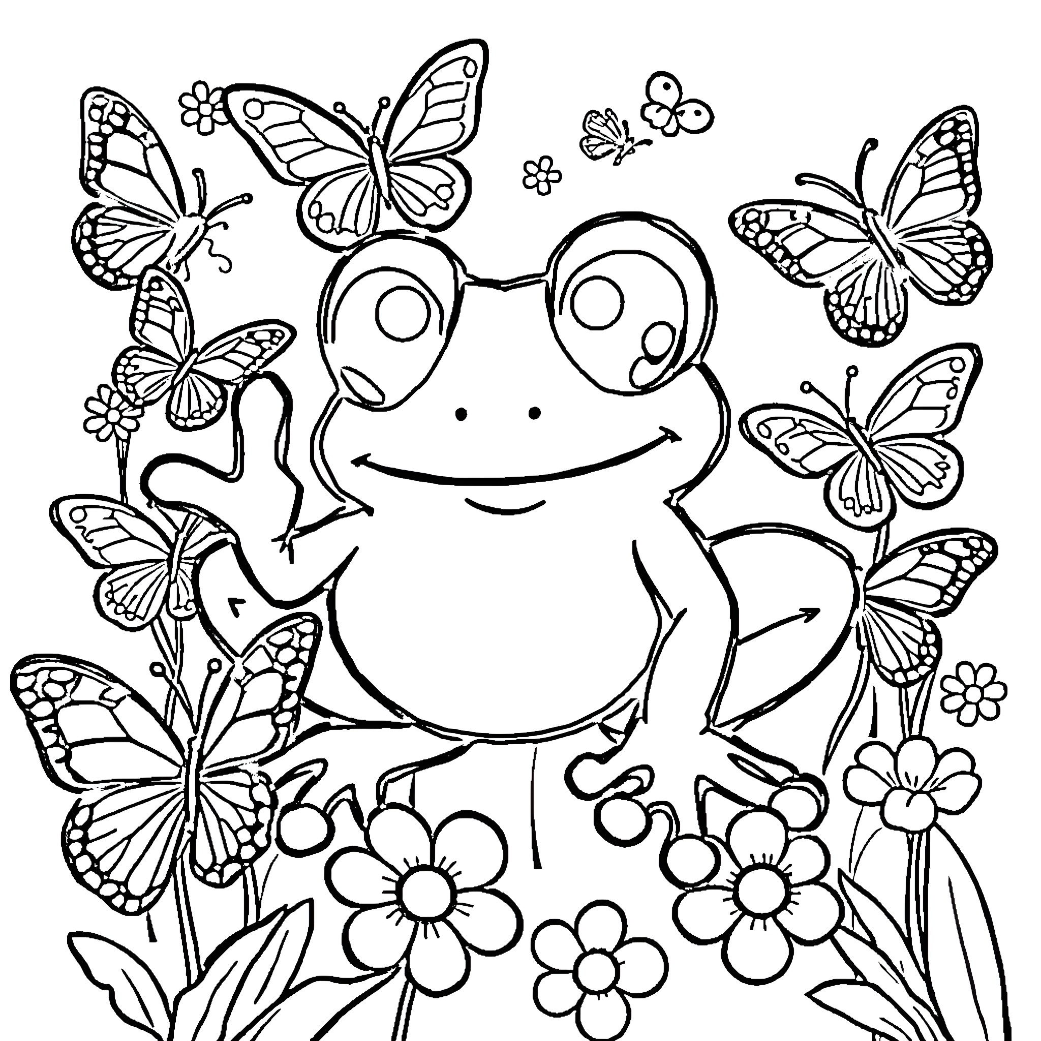 Frog surrounded by cheerful butterflies and flowers Coloring Page (free black-and-white line drawing printable PDF for all, from beginners to advanced learners, including children, teens, adults, and seniors)