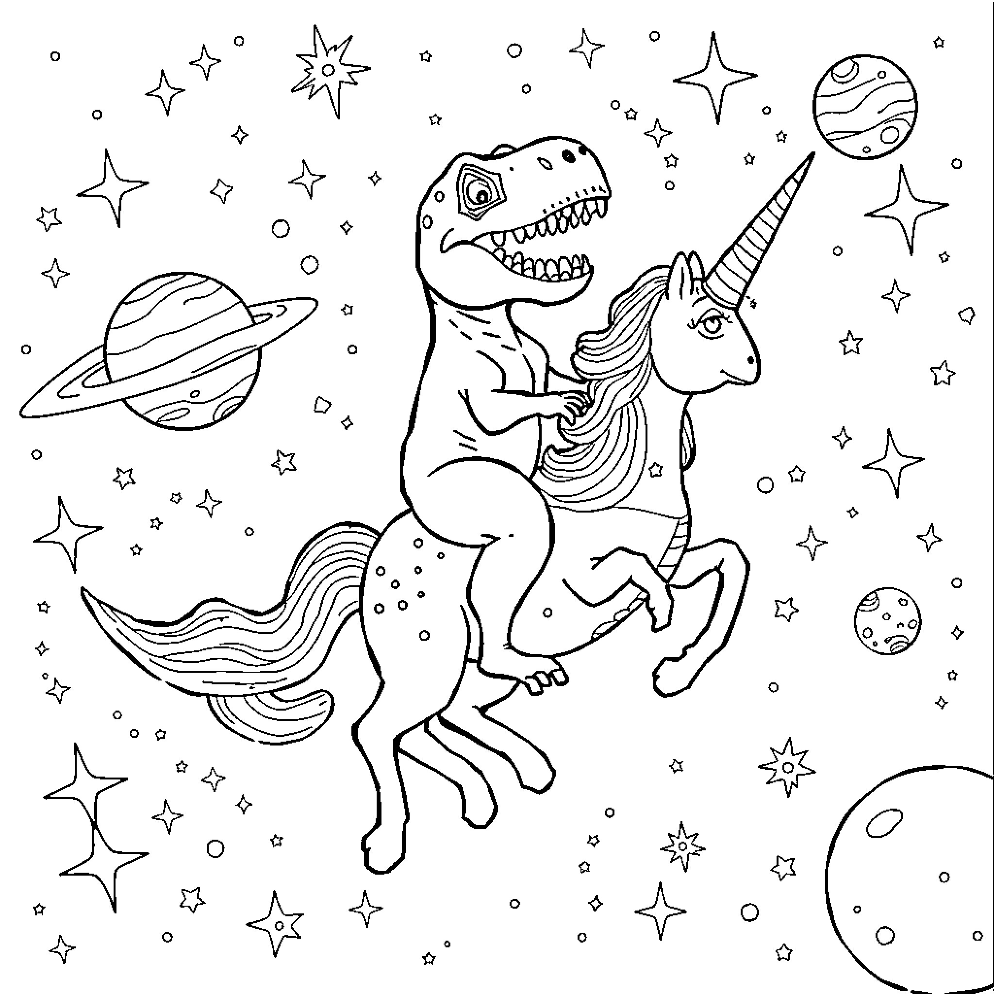 T-Rex riding a unicorn in a starry cosmic scene Coloring Page (free black-and-white line drawing printable PDF for all, from beginners to advanced learners, including children, teens, adults, and seniors)