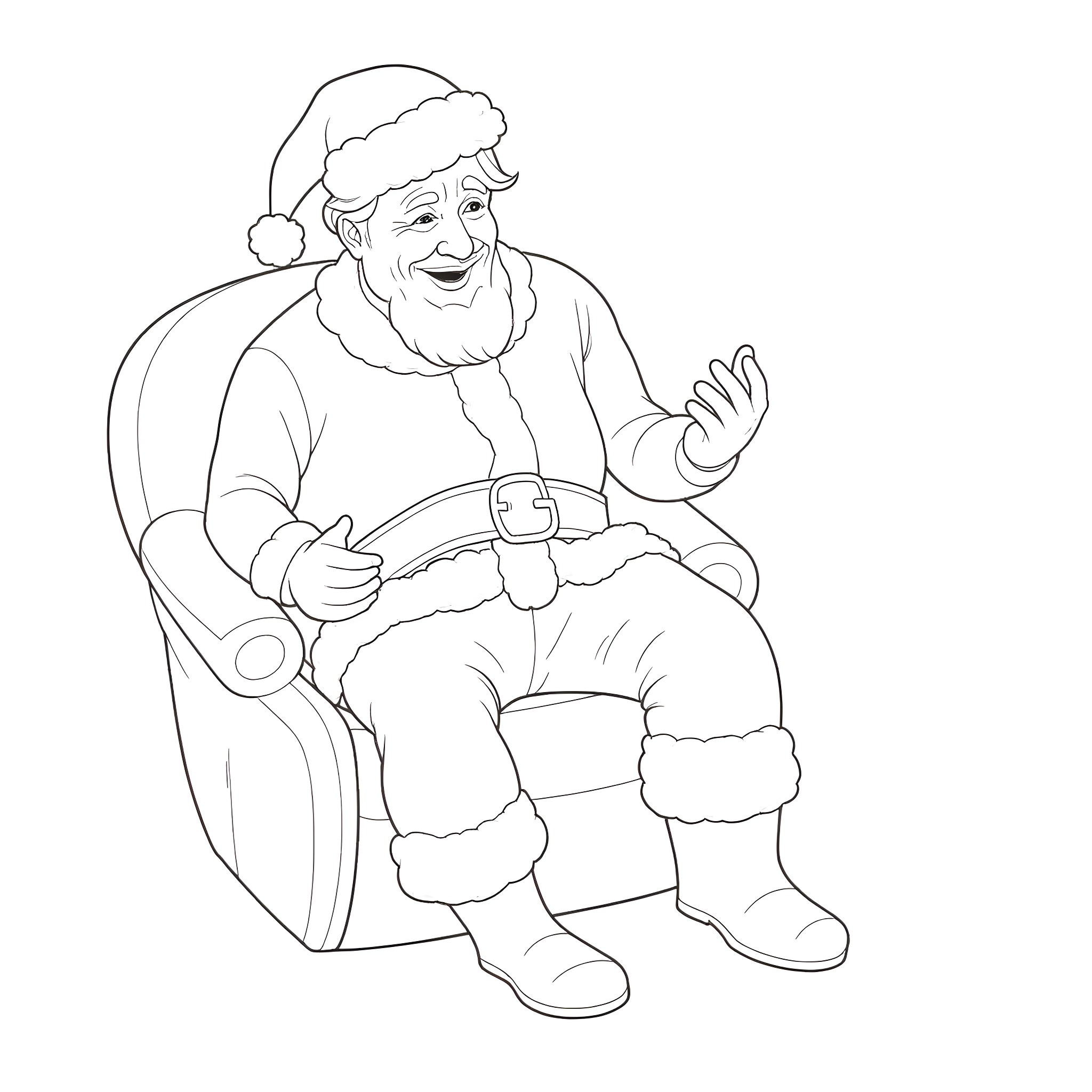 Donald Trump as a jolly Santa Claus Coloring Page (free black-and-white line drawing printable PDF for all, from beginners to advanced learners, including children, teens, adults, and seniors)