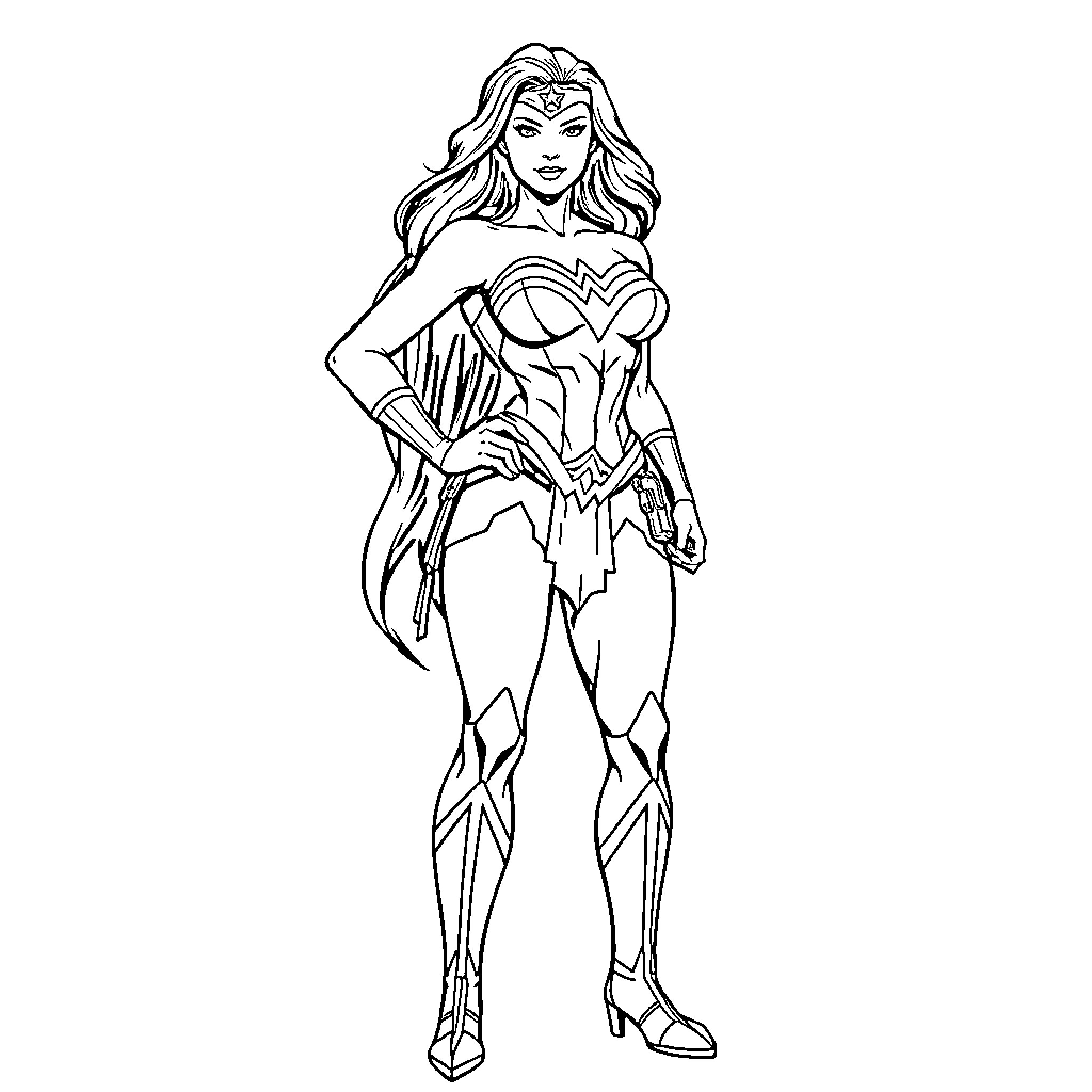 Wonder Woman in heroic stance with armor and lasso Coloring Page (free black-and-white line drawing printable PDF for all, from beginners to advanced learners, including children, teens, adults, and seniors)