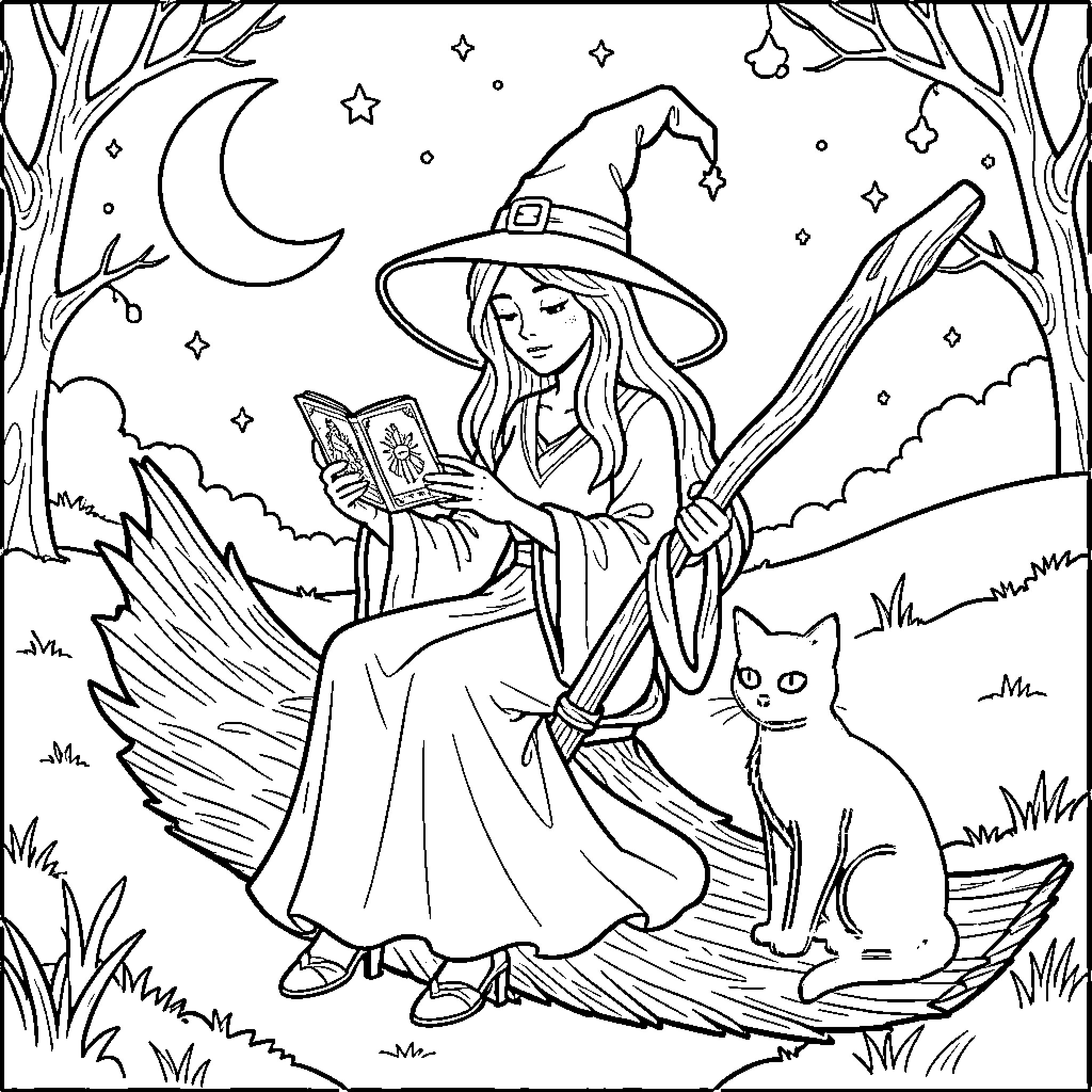 Bruja with Cat Conjures Magic in Moonlit Forest Coloring Page (free black-and-white line drawing printable PDF for all, from beginners to advanced learners, including children, teens, adults, and seniors)