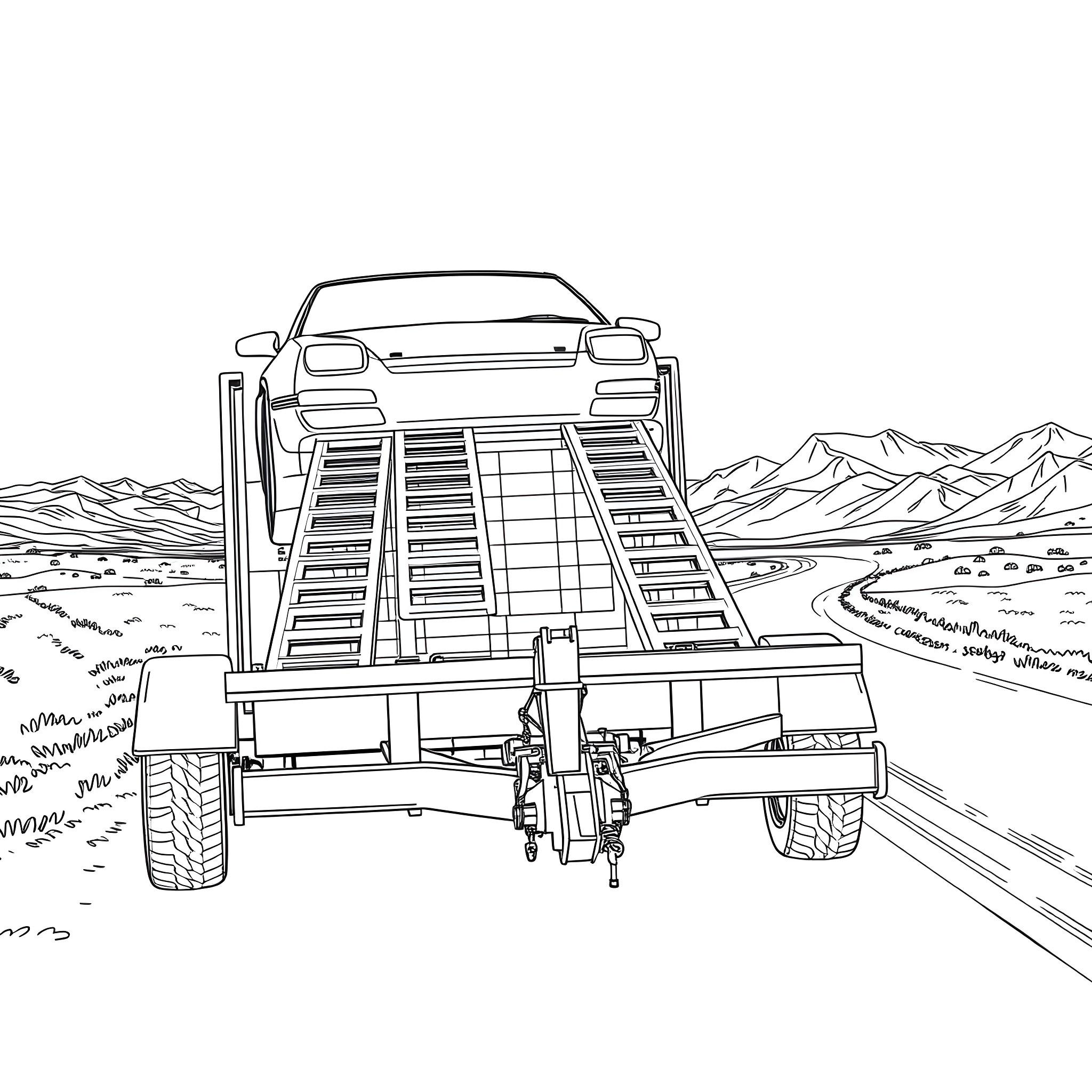 Car Trailer Transporting Vehicle Through Rugged Terrain Coloring Page (free black-and-white line drawing printable PDF for all, from beginners to advanced learners, including children, teens, adults, and seniors)