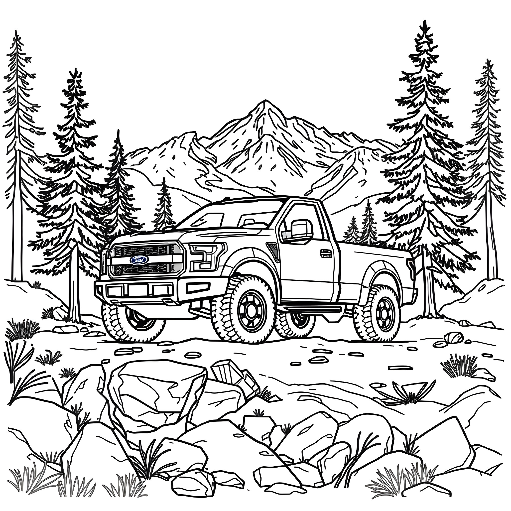 Pick Up Truck Traversing Rugged Terrain in Mountain Wilderness Coloring Page (free black-and-white line drawing printable PDF for all, from beginners to advanced learners, including children, teens, adults, and seniors)
