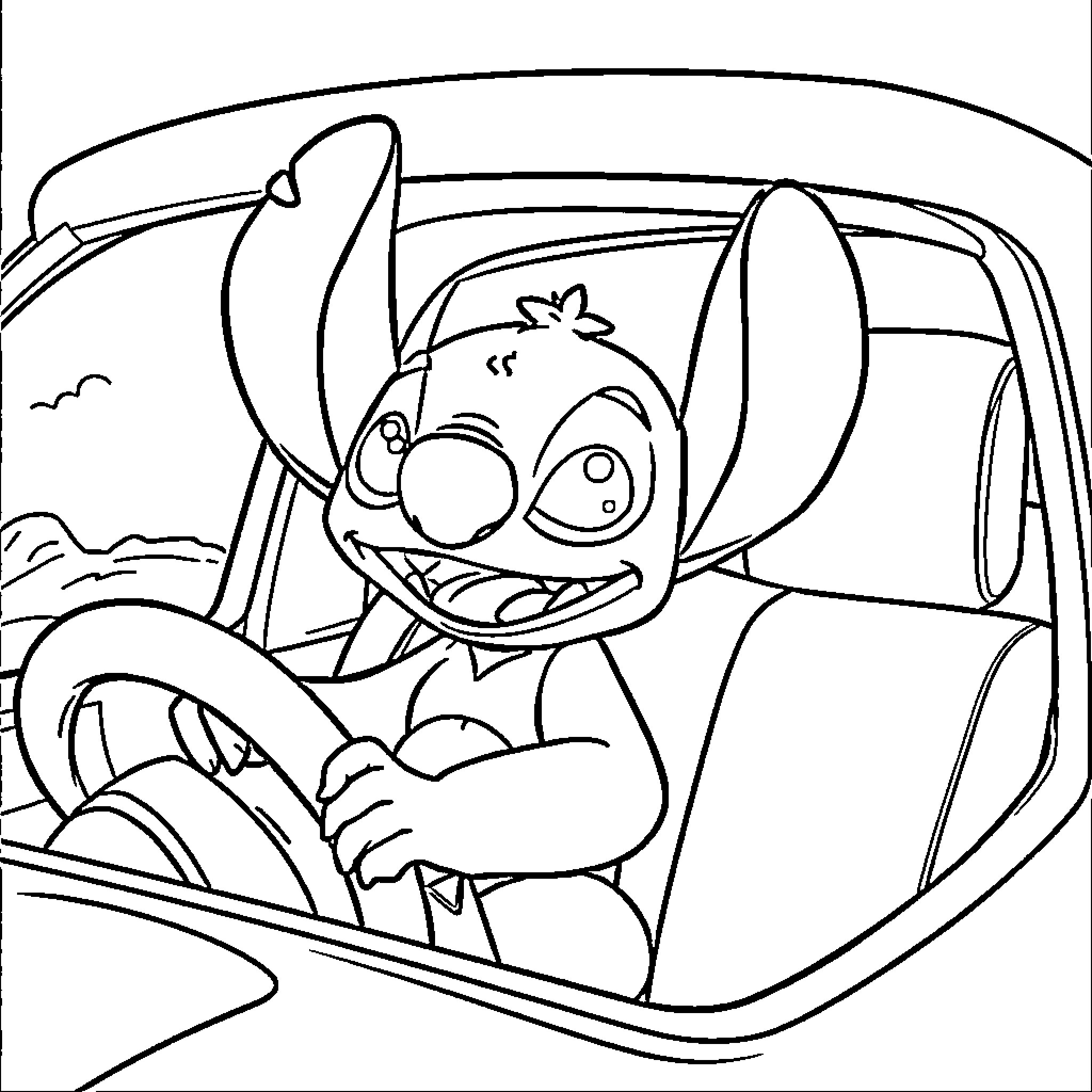 Angel drives a car with excitement Coloring Page (free black-and-white line drawing printable PDF for all, from beginners to advanced learners, including children, teens, adults, and seniors)