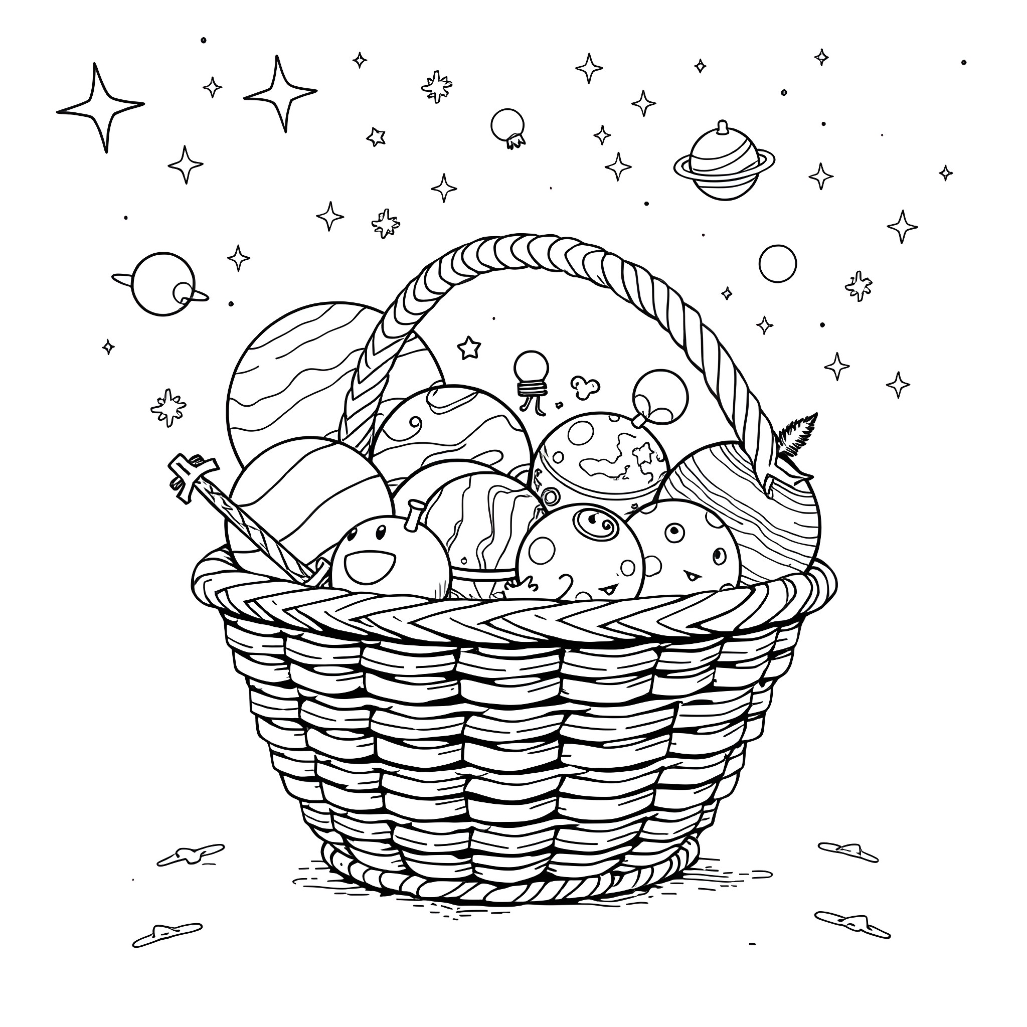 Basket full of adorable alien creatures in space Coloring Page (free black-and-white line drawing printable PDF for all, from beginners to advanced learners, including children, teens, adults, and seniors)