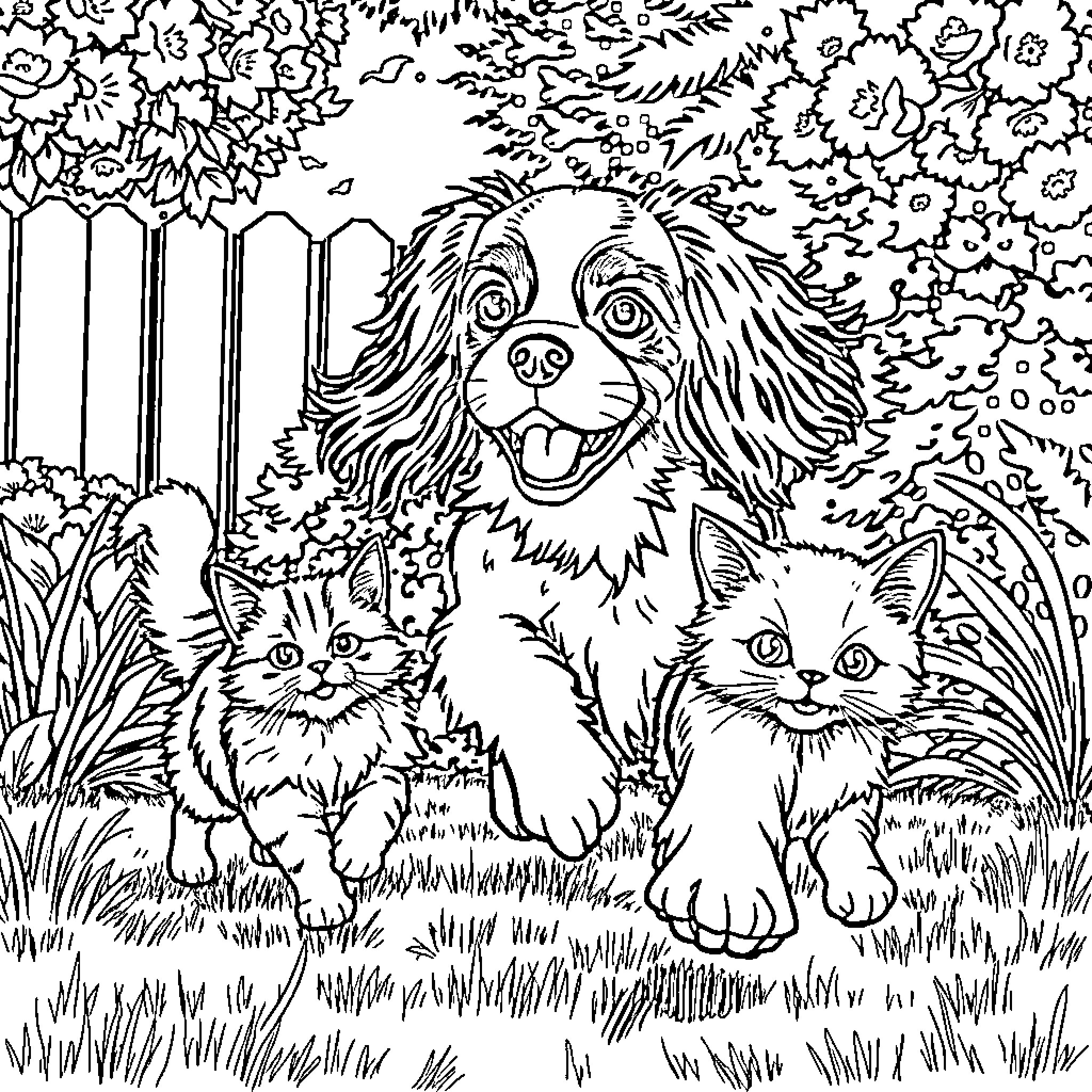 Cavalier King Charles Spaniel enjoying the outdoors with playful kittens Coloring Page (free black-and-white line drawing printable PDF for all, from beginners to advanced learners, including children, teens, adults, and seniors)