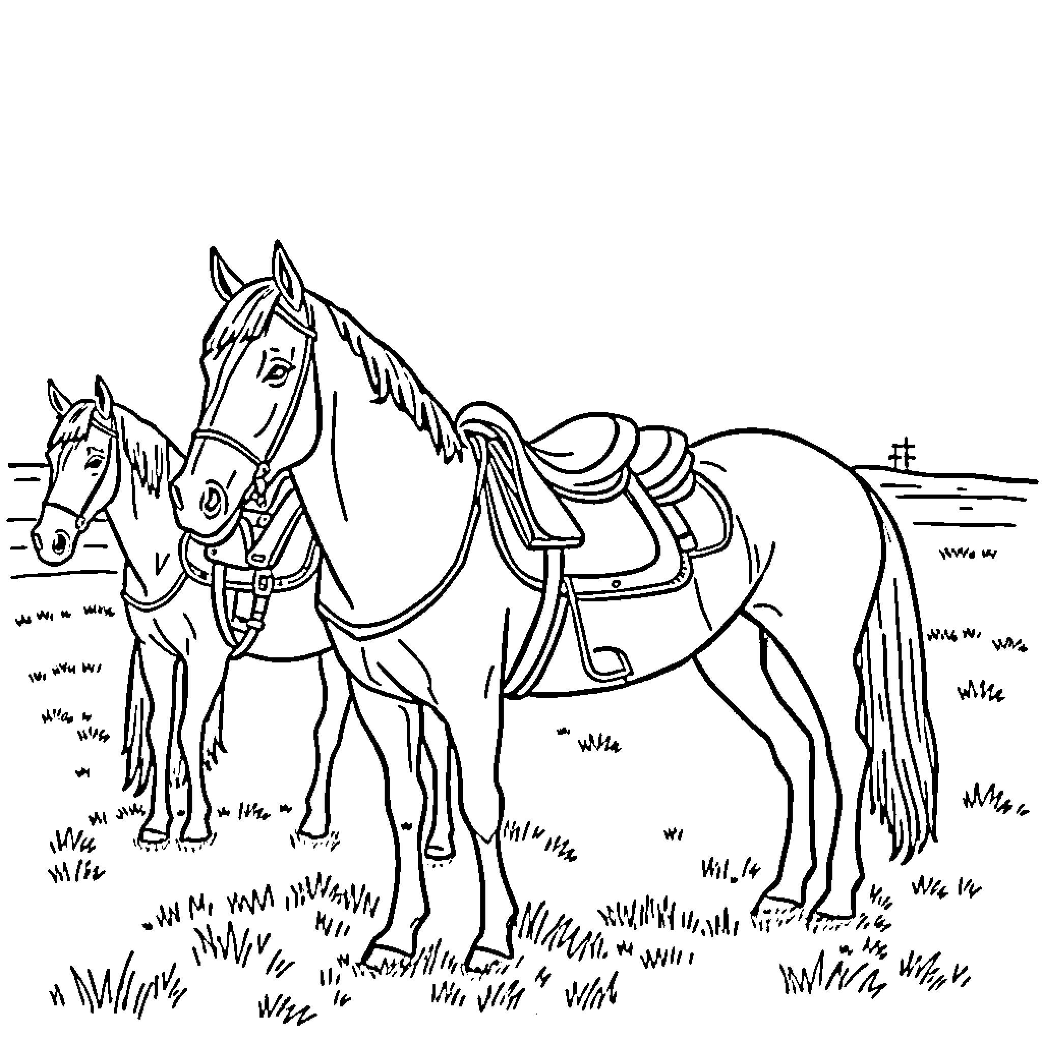 Horses standing in a grassy field Coloring Page (free black-and-white line drawing printable PDF for all, from beginners to advanced learners, including children, teens, adults, and seniors)