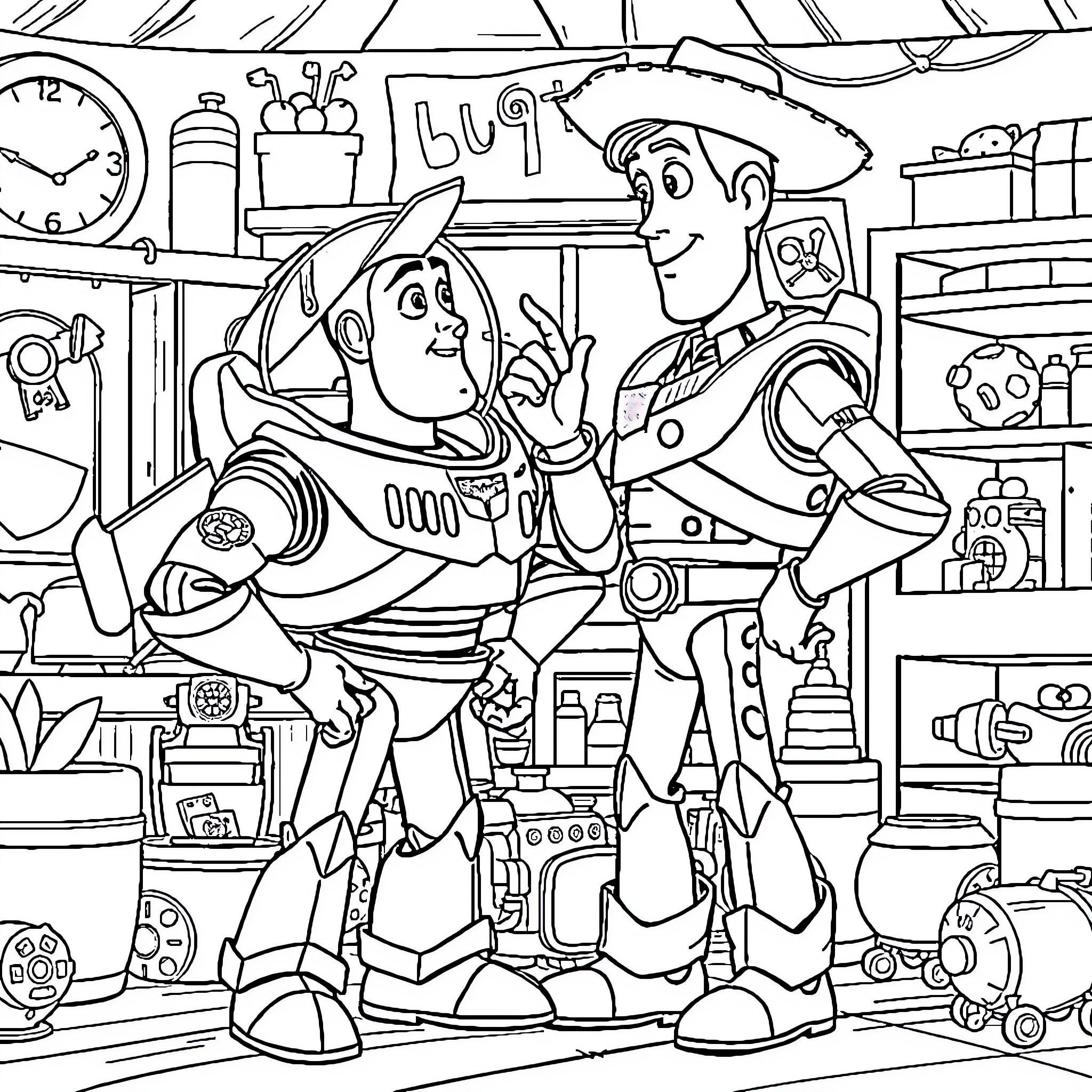 Buzz Lightyear and Woody explore a cluttered room Coloring Page (free black-and-white line drawing printable PDF for all, from beginners to advanced learners, including children, teens, adults, and seniors)