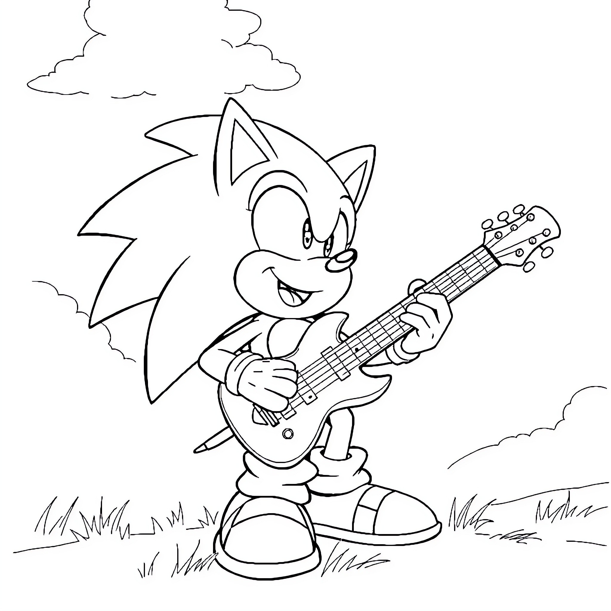 Sonic playing guitar in the park Coloring Page (free black-and-white line drawing printable PDF for all, from beginners to advanced learners, including children, teens, adults, and seniors)